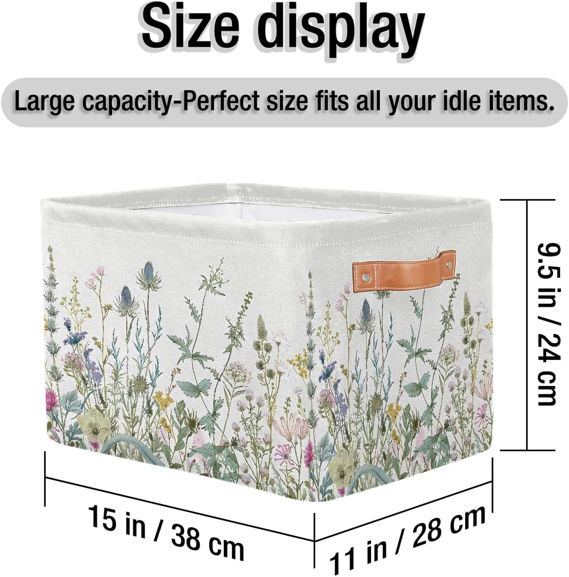 Wildflowers Leaves Storage Basket for Shelves, Storage Bins with Handles, Collapsible Basket for Organizing, Closet Toy Baskets for Nursery Room, 15x11x9.5 in, Canvas, Herbal Wildflower