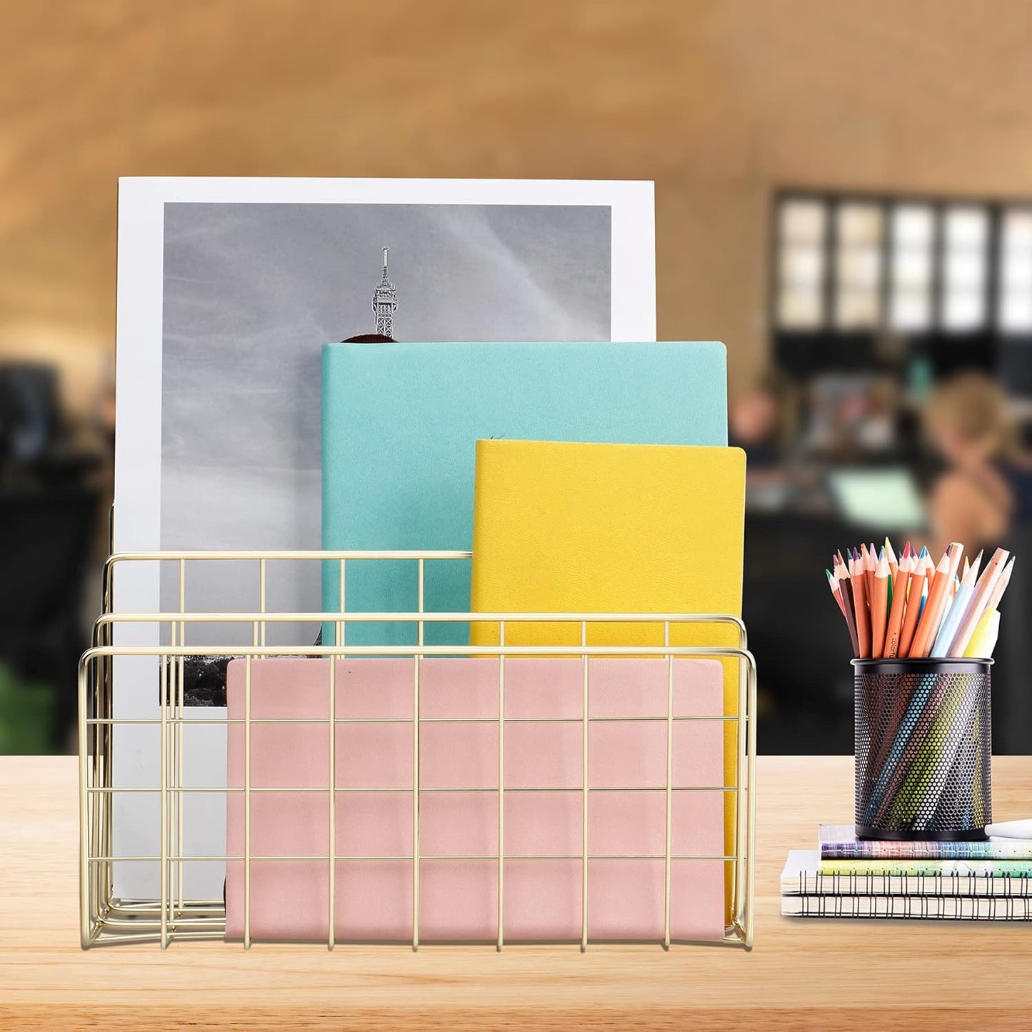 Desktop Mail Organizer File Organizer Metal Wire Mail Sorter Letter Organizer Magazine Rack for Letters, Mails, Books, Postcards, Brochures, Mail Holder (3 Slot, Gold)