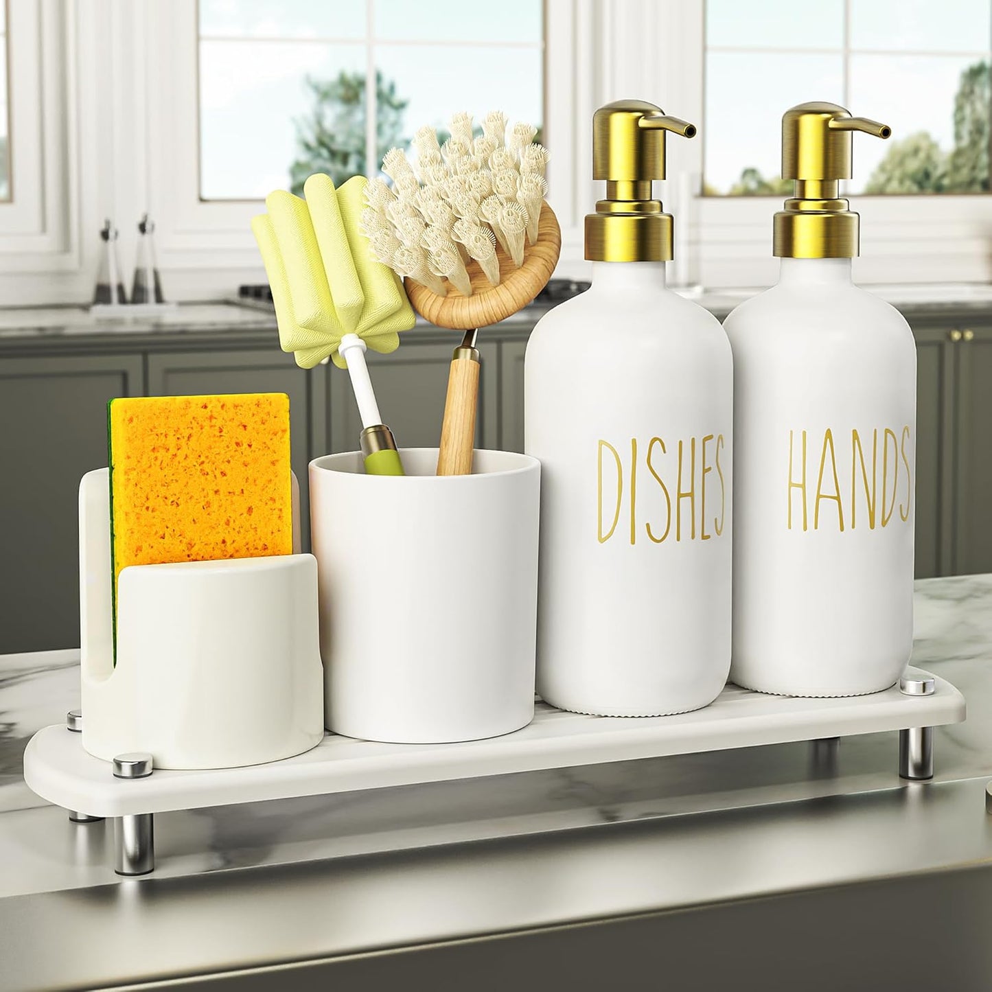 Cisily Gold Kitchen Soap Dispenser Set with Ceramics Sponge Holder and Brush Holder, Gold Pumps, and Instant Dry Tray, Hand and Dish Soap Dispenser Set Suitable for Kitchen Decor and Accessories