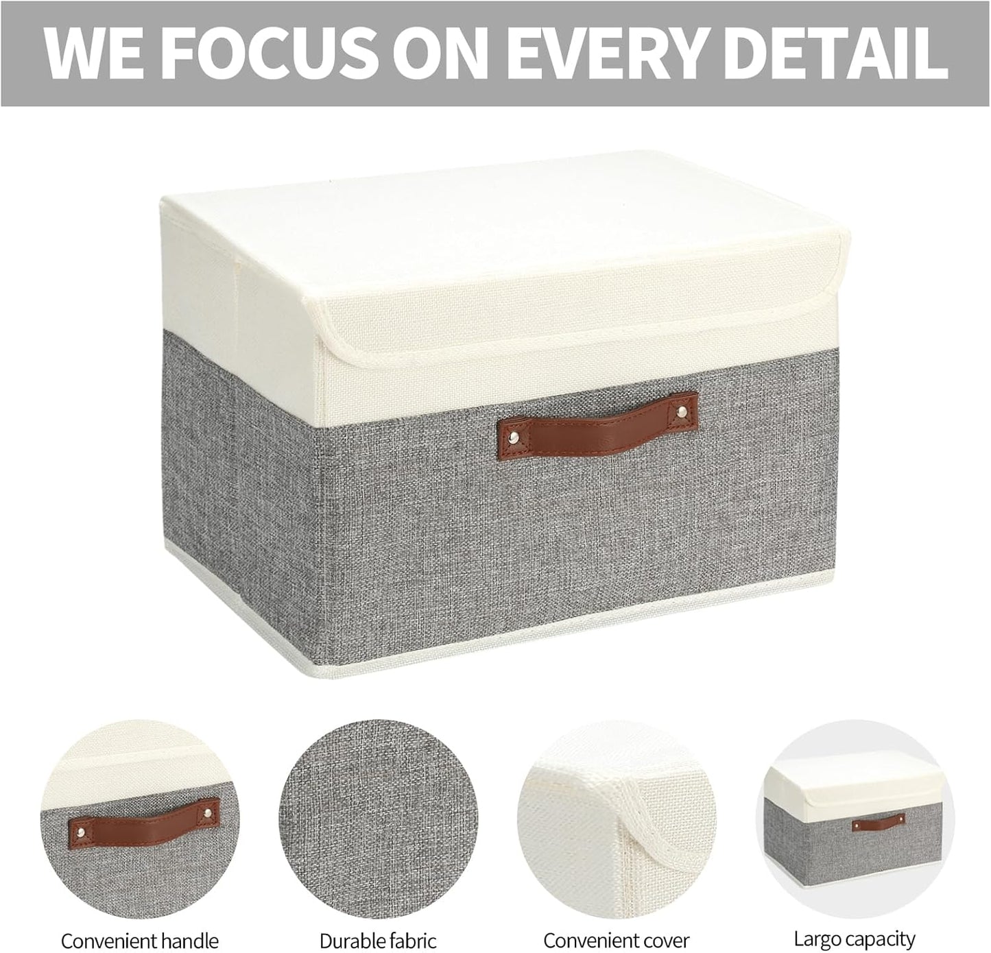 8 Pack Storage Bins Foldable Storage Boxes Fabric Storage Box with Lid & Handle Large Washable Organizer Bulk for Office, Home, Books, Clothes, Bedroom, Closet, (15INx10INx10IN White/Grey)