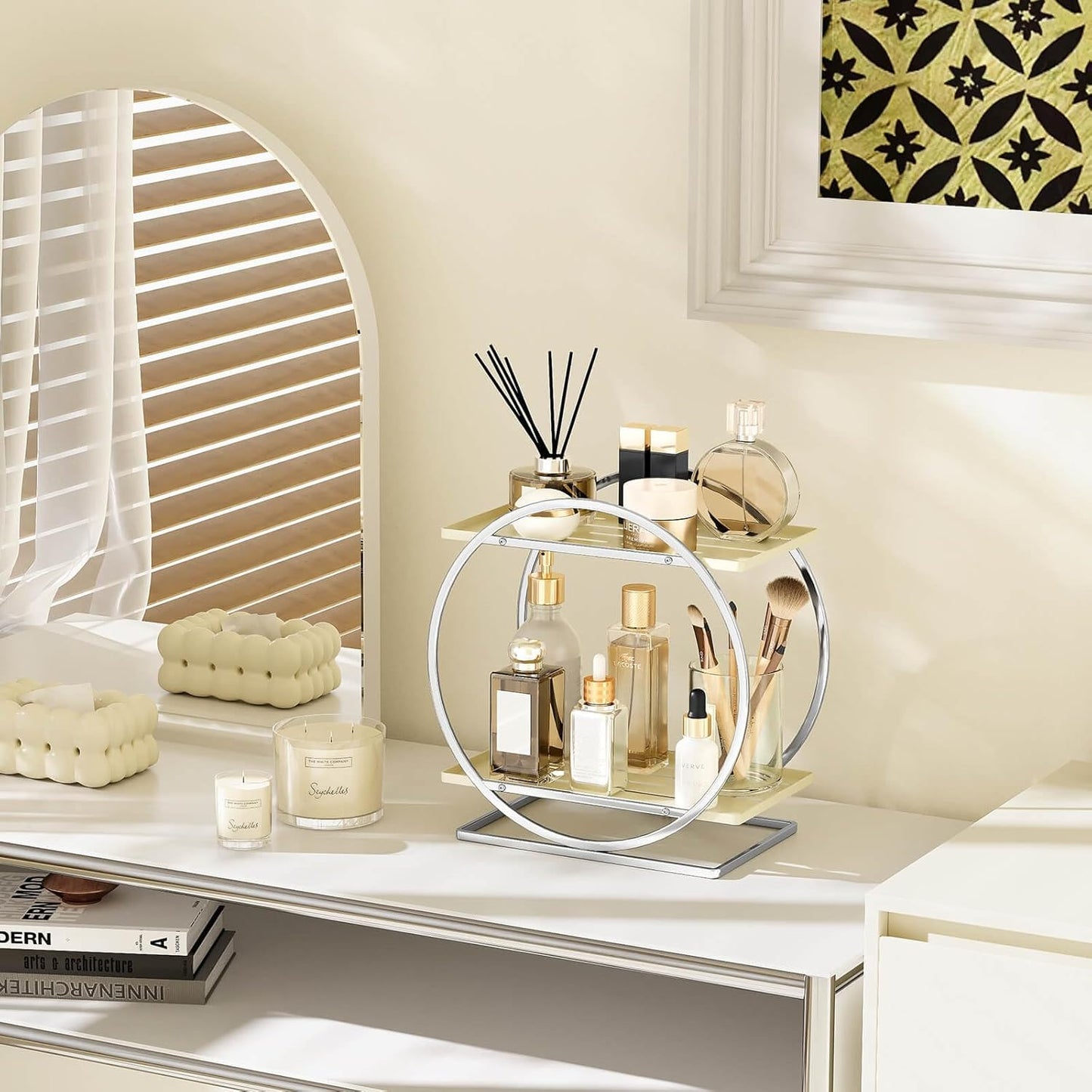 Perfume Organizer for Dresser, 2-Tier Bathroom Counter Organizer, Elegant Makeup Organizer for Vanity, Multi-Purpose Cosmetics Skincare Organizers Countertop (Silver Frame & Cream White Tray)