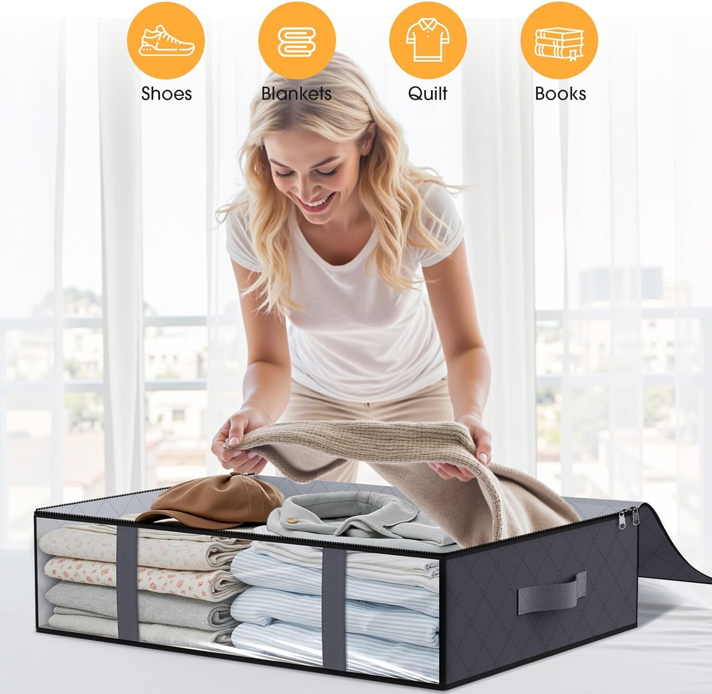 StorageRight Under Bed Storage Bins, 10-Pack 40L Foldable Fabric Storage Bags with Transparent Window, Breathable Organizer for Clothes/Blanket/Comforter/Quilt, Grey