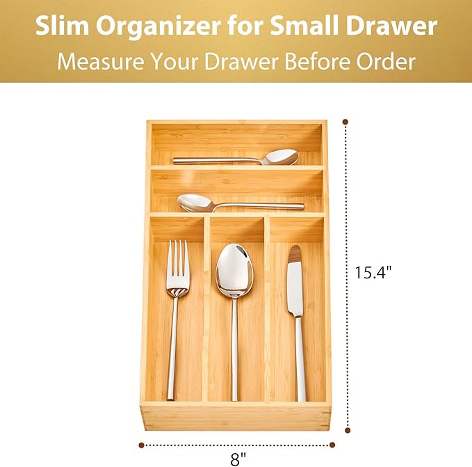 Umilife Bamboo Kitchen Drawer Organizer, 8 Inch Silverware Utensils Tray Holder for Small Drawer, Wood Caddy for Flatware Cutlery Knives
