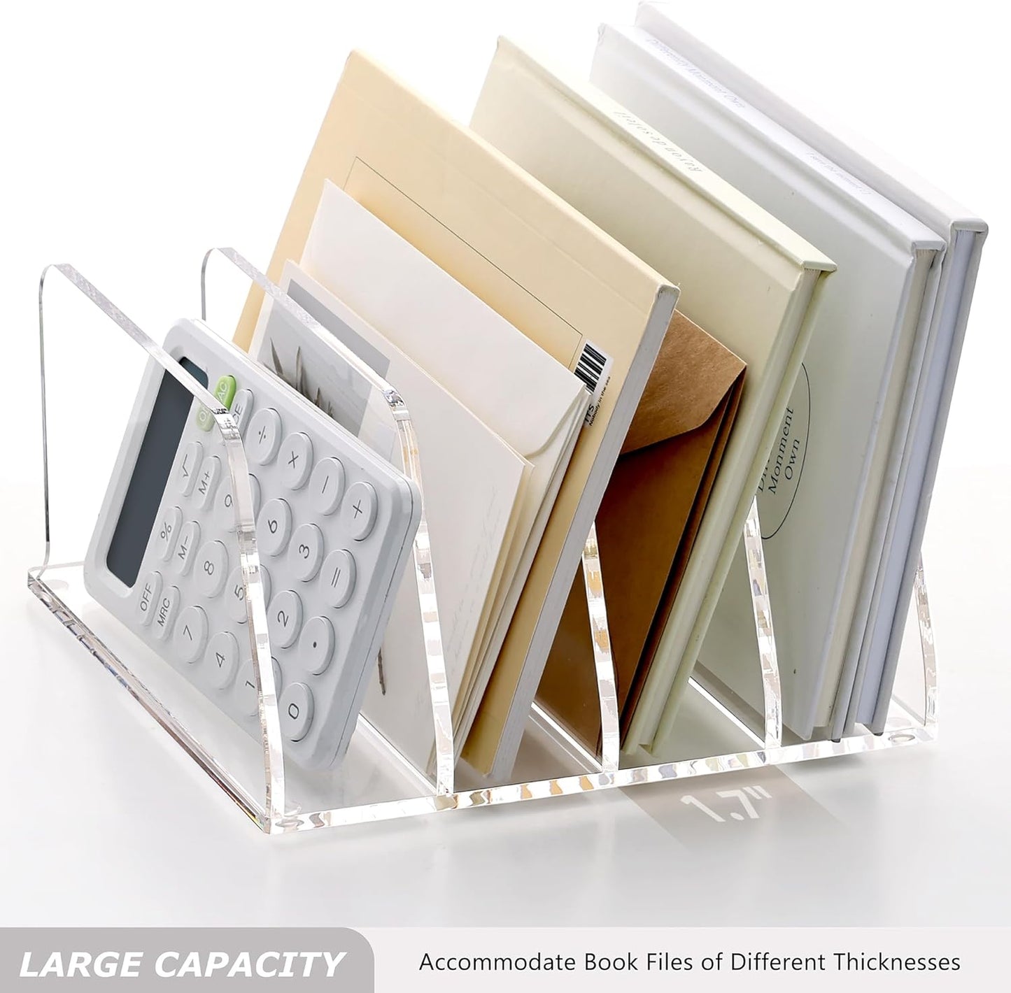 SANRUI Acrylic Desk File Sorter Organizer Holder, 4-Section Clear Vertical Letter File Folder Rack, Notebook Magazine Desktop Binder Mails Storage Bookshelf Upright Divider for Home Office School