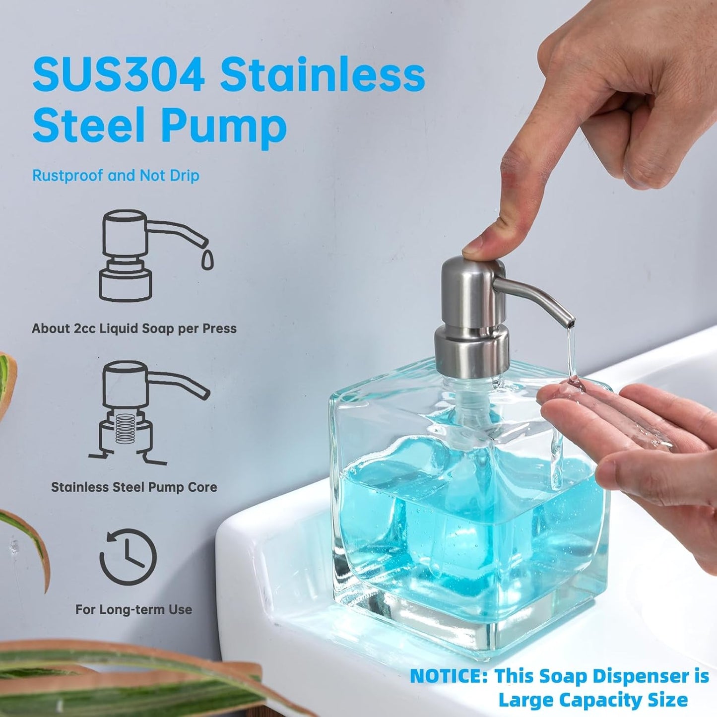 Square Bathroom Soap Dispenser Brushed Nickel, Large Capacity 16.9 oz Glass Bottles with Stainless Steel Pump Retangle Cube Liquid Soap Dispenser Kitchen