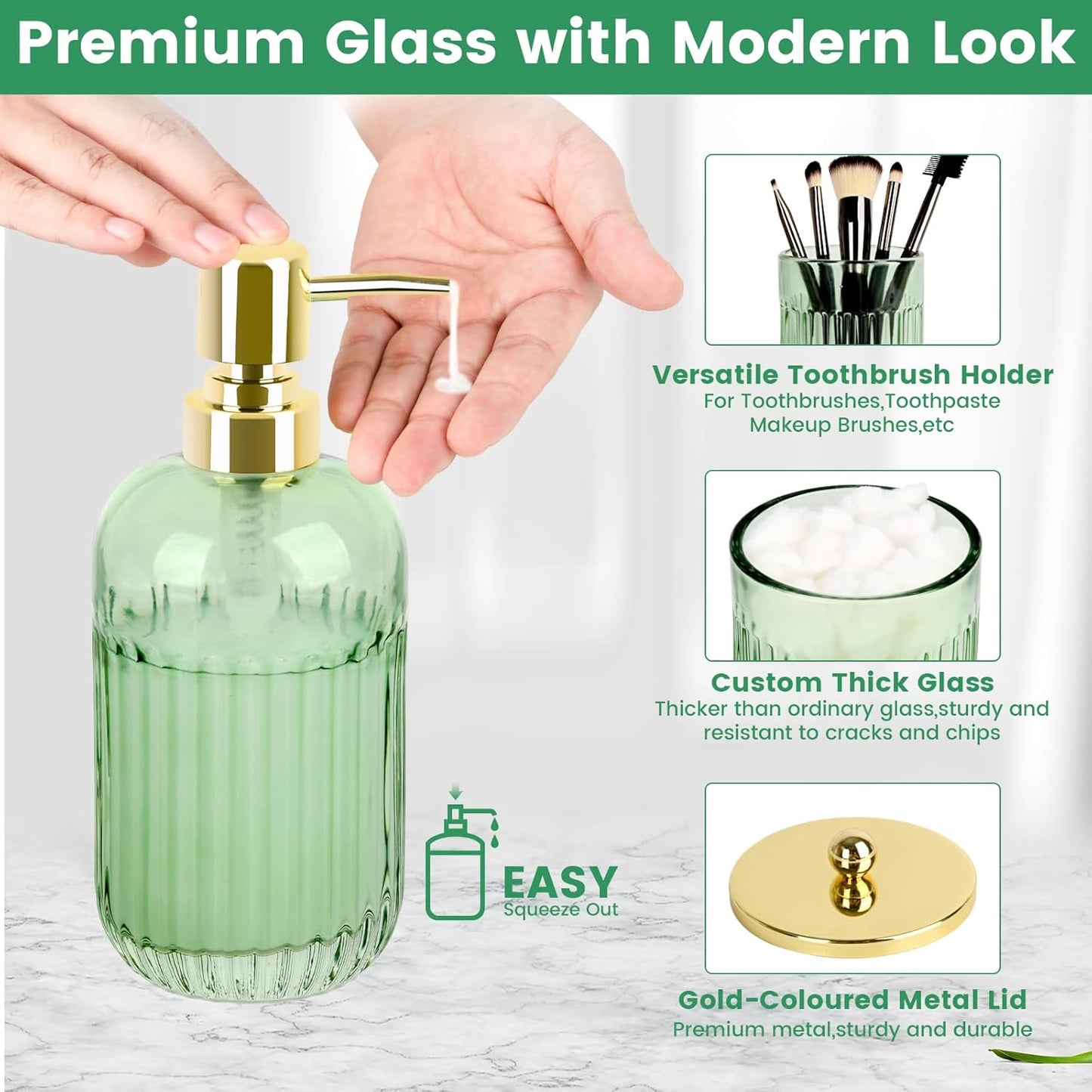 Bathroom Accessories Set,4 Pcs Green Glass Bathroom Accessories Set with Toothbrush Holder,Lotion Soap Dispenser,2 Qtip Holder Dispensers - Countertop Organizer for Modern Bathroom Decor - Green