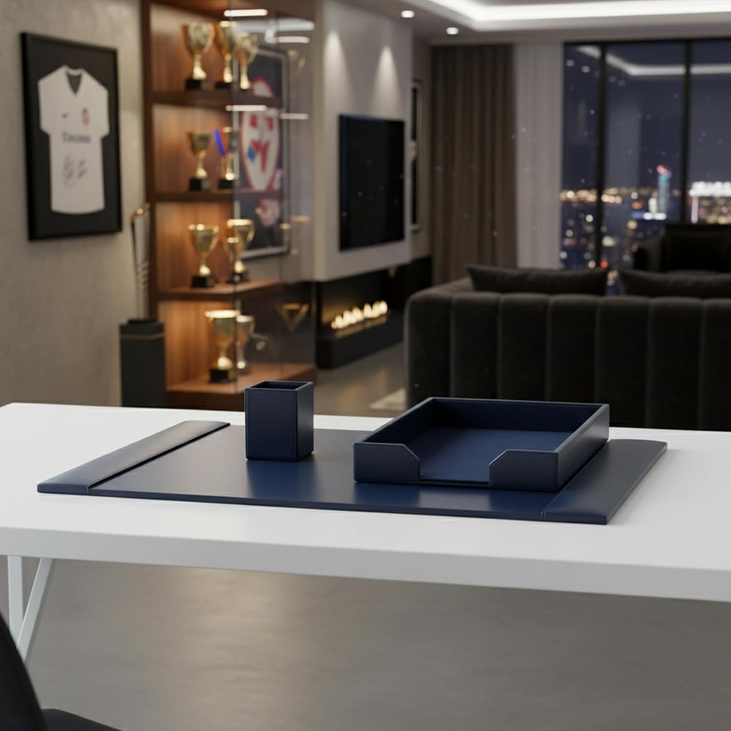 DACASSO Bonded Leather Desk Set - Luxury Leather Desk Pad & Desk Organization Essentials (Navy Blue, 3 Piece)