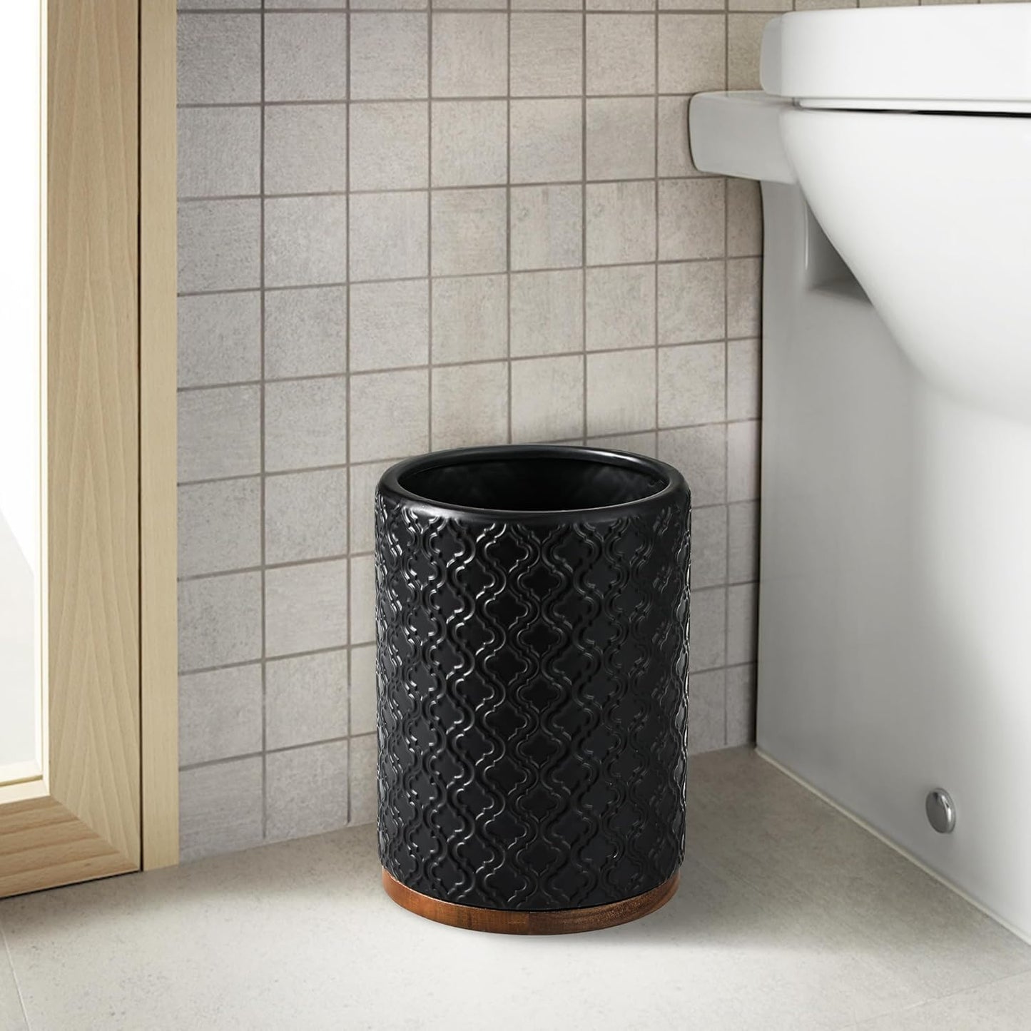 Bathroom Accessories Set 6 Pcs Toothbrush Holder Soap Dispenser Ceramic and Wood Bathroom Set with Trash Can Soap Dispenser Toothbrush Holder Tray Tumbler Soap Dish Black