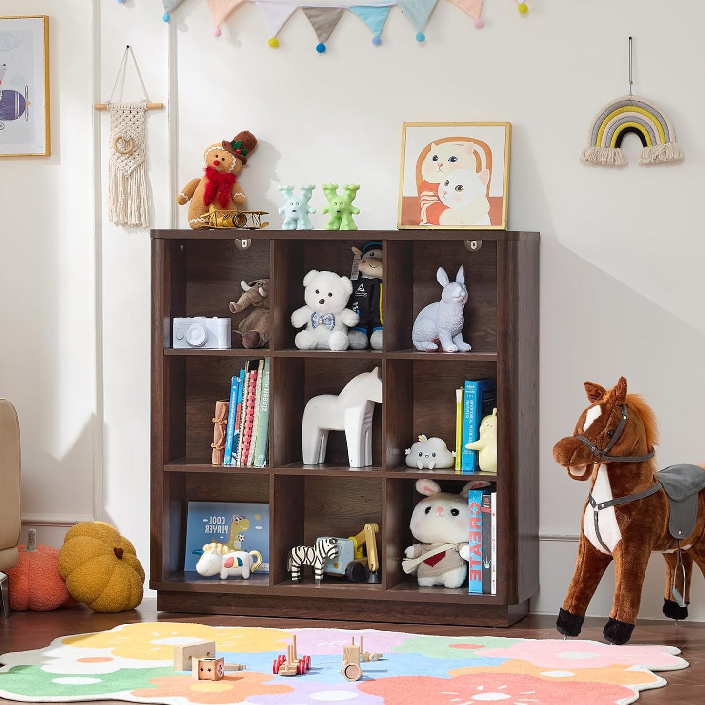 9 Cube Bookshelf, 41" Tall Organizer Bookcase with Curved Edge, Wood Floor Standing 3-Tier Cubby Book Shelf with Base, Vinatge Display Storage Cabinet for Living Room, Home Office, Walnut