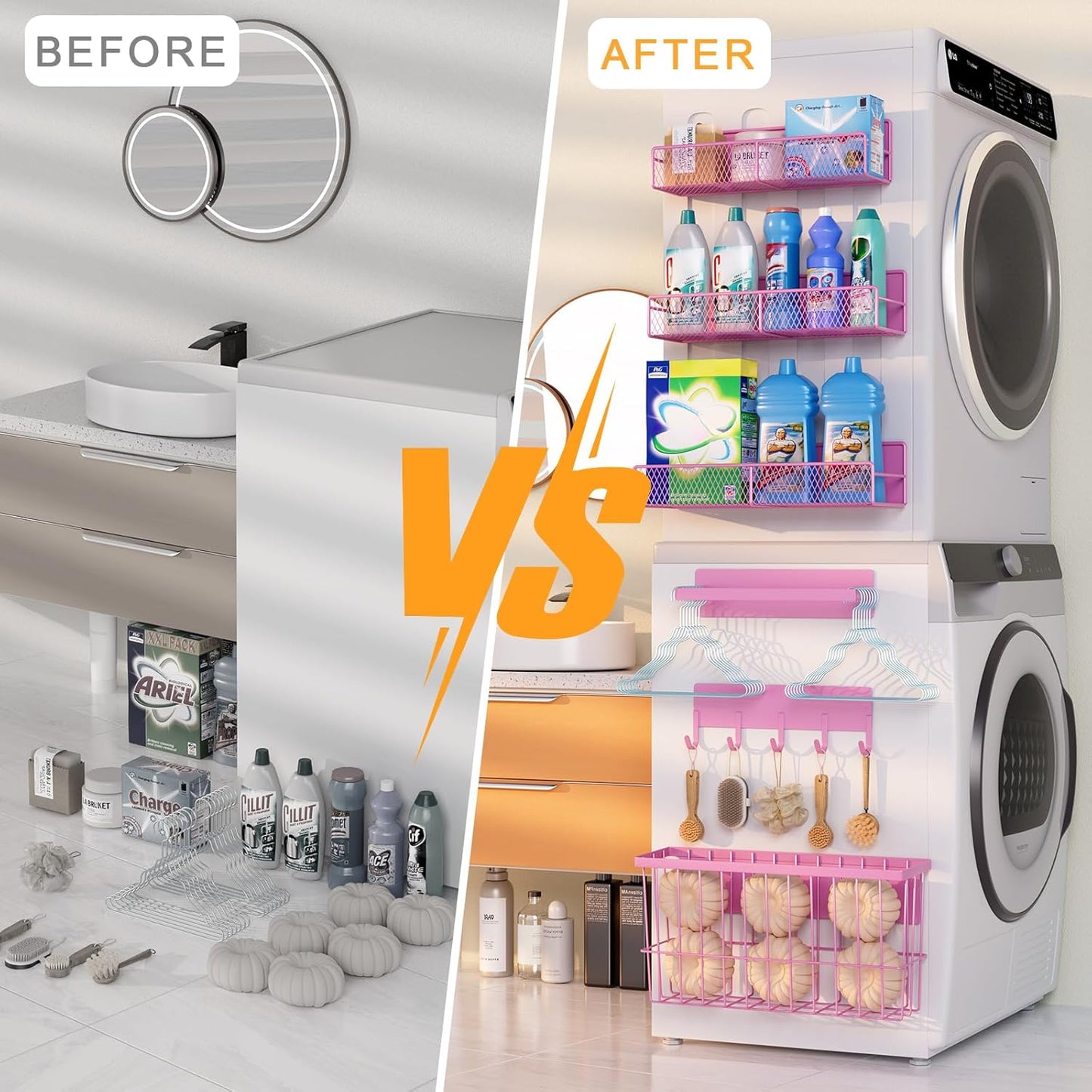 6-Pack Magnetic Shelves for Washing Machine & Refrigerator, Heavy-Duty Laundry Organizer with Hanger Holder & Deep Baskets, Metal Storage System for Laundry Room (Pink)