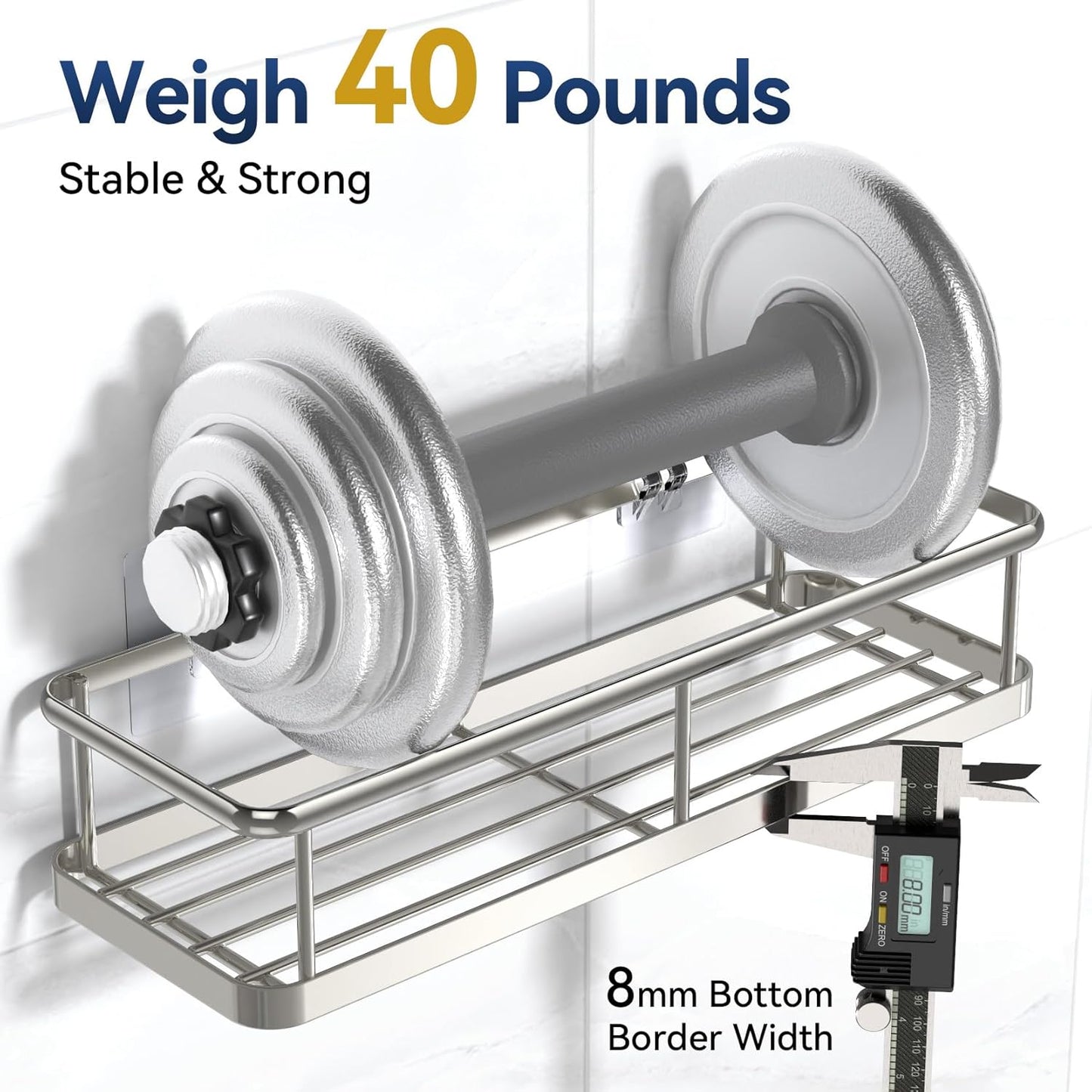 YASONIC Shower Caddy Adhesive, No Drill Bathroom Shower Organizers, with Removable Hooks, Rust Proof Shower Shelves, Wall-Mounted Shower Holder, 2 Pack Silver