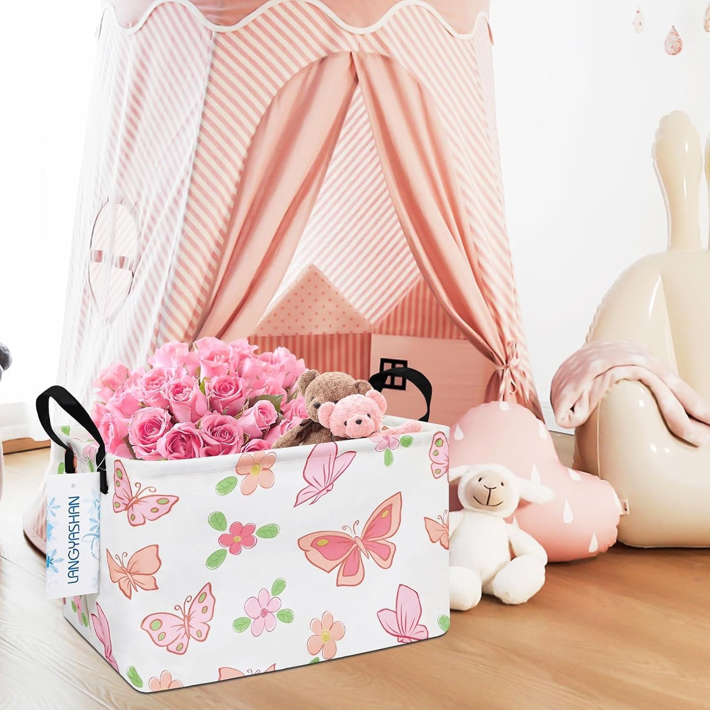 LANGYASHAN Rectangular Storage Bin Collapse Canvas Fabric Cartoon Storage Basket with Handles for Organizing Home Kitchen Boys and Girls Toys Office Closet Shelf Baskets (Rec Pink Butterfly)