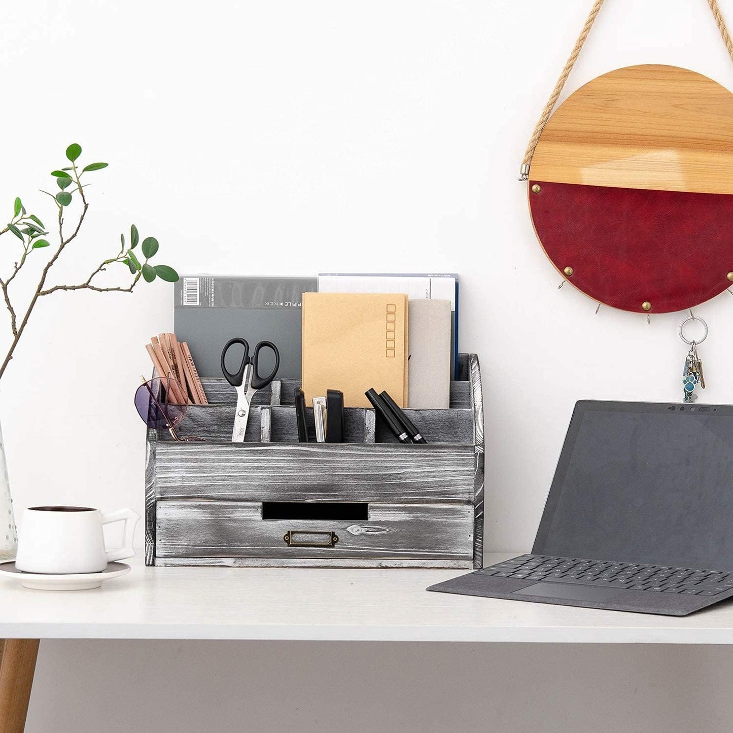 VERGOODR Rustic Wooden Office Desk Organizer 5 Compartment with 2 Drawer &Counter Home Tabletop Desktop Jewelry Mail Rack Storage Box for Pens Notebooks Folders Pencils (Grey white)