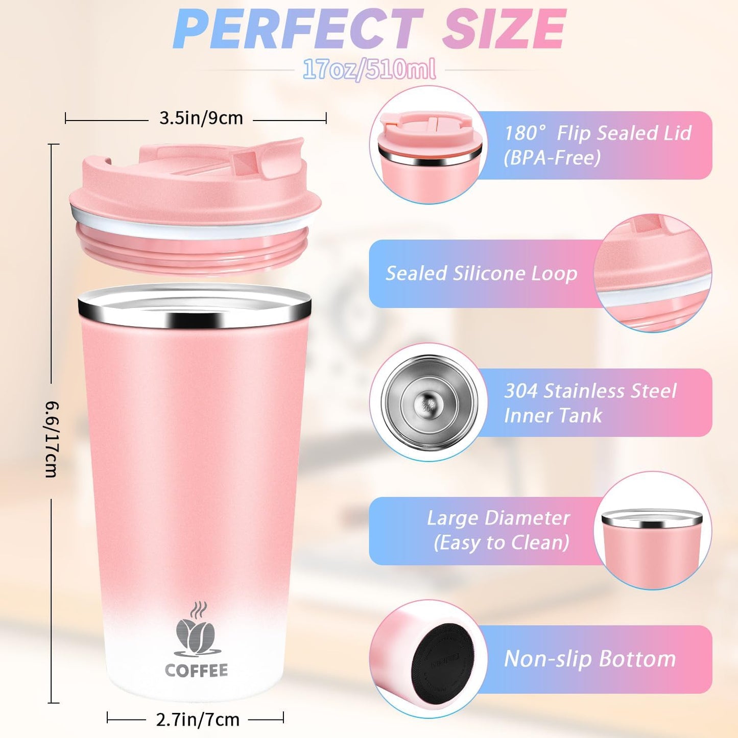 Insulated Travel Coffee Mug Reusable Coffee Tumbler Cup with Flip Lid Leak Proof Spill Proof for Office School Party Camping Hot and Cold Drink,Stainless Steel 17oz (Pink White)
