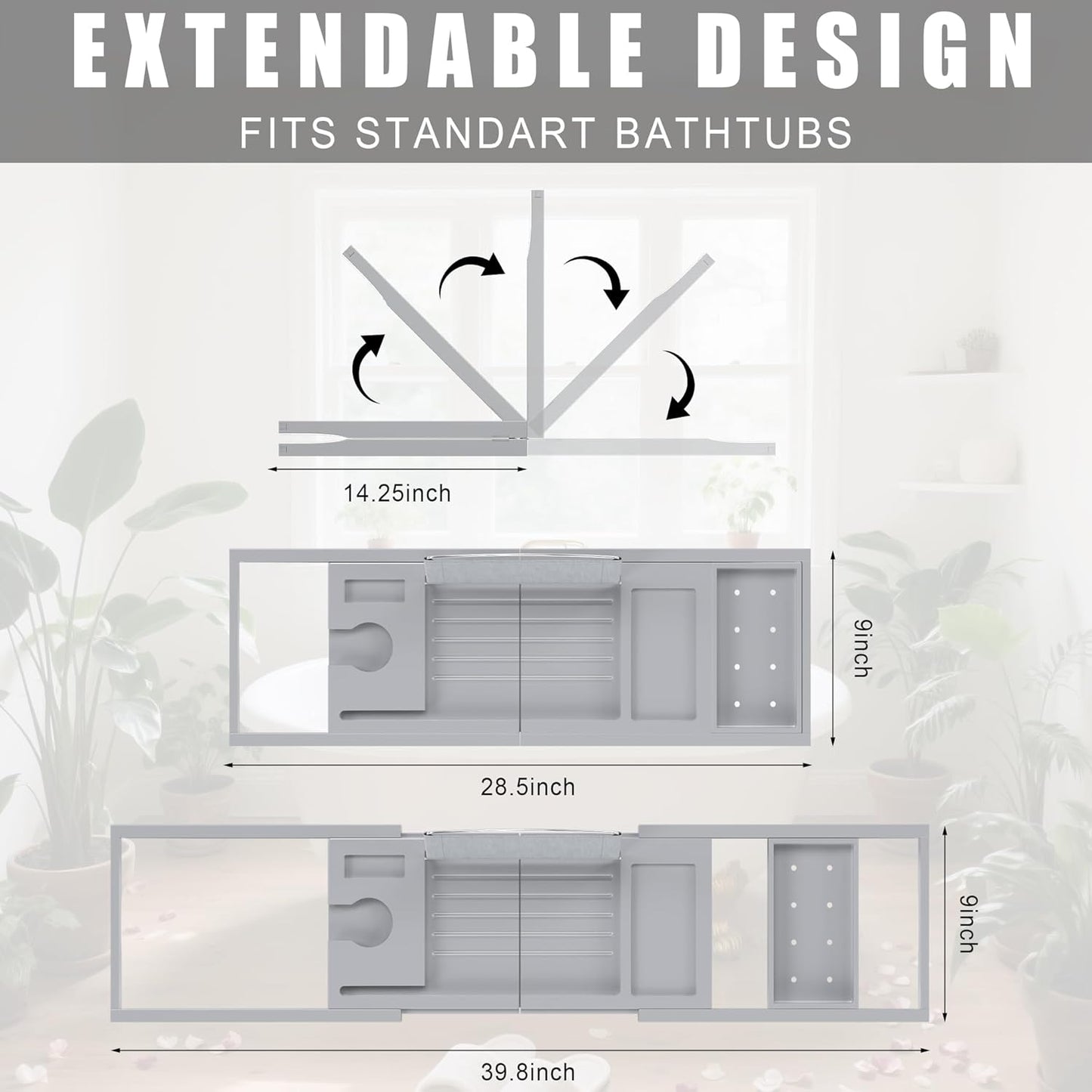 Foldable Bathtub Caddy Tray for Tub,Bamboo Expandable Bath Table Trays,Premium Bathroom Accessories for New Home & Mothers Day & Birthday Gifts for Couples,Gray