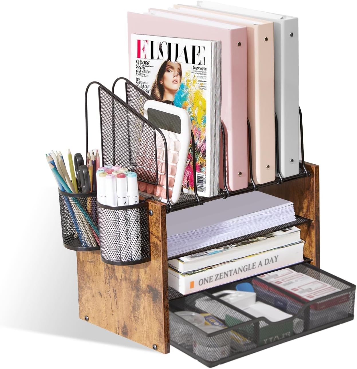 Y YOMA Mesh Desk Organizer with Drawer, 4-Tier Wood Desktop Organizer with 5 Vertical File Holders and 2 Pen Holders Office Desk Accessories for Home Dorm Classroom