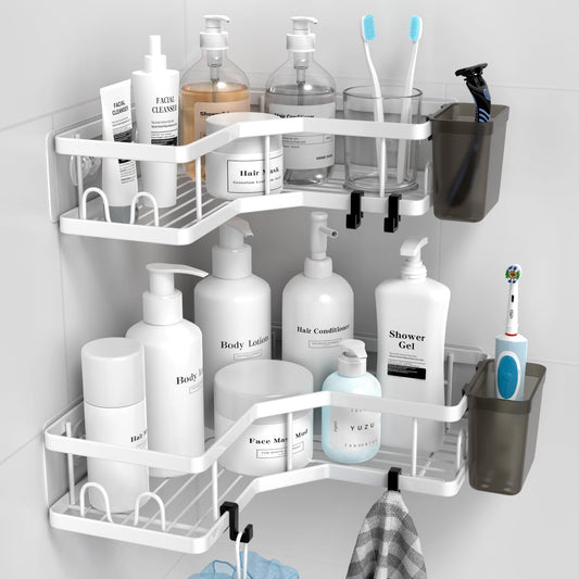 Shower Caddy Corner Organizer Shelf: 2Pack Adhesive Shower Shelf Essentials Accessories - No Drilling Stainless Steel Bathroom Storage Rack with Hooks and Toothpaste Holder