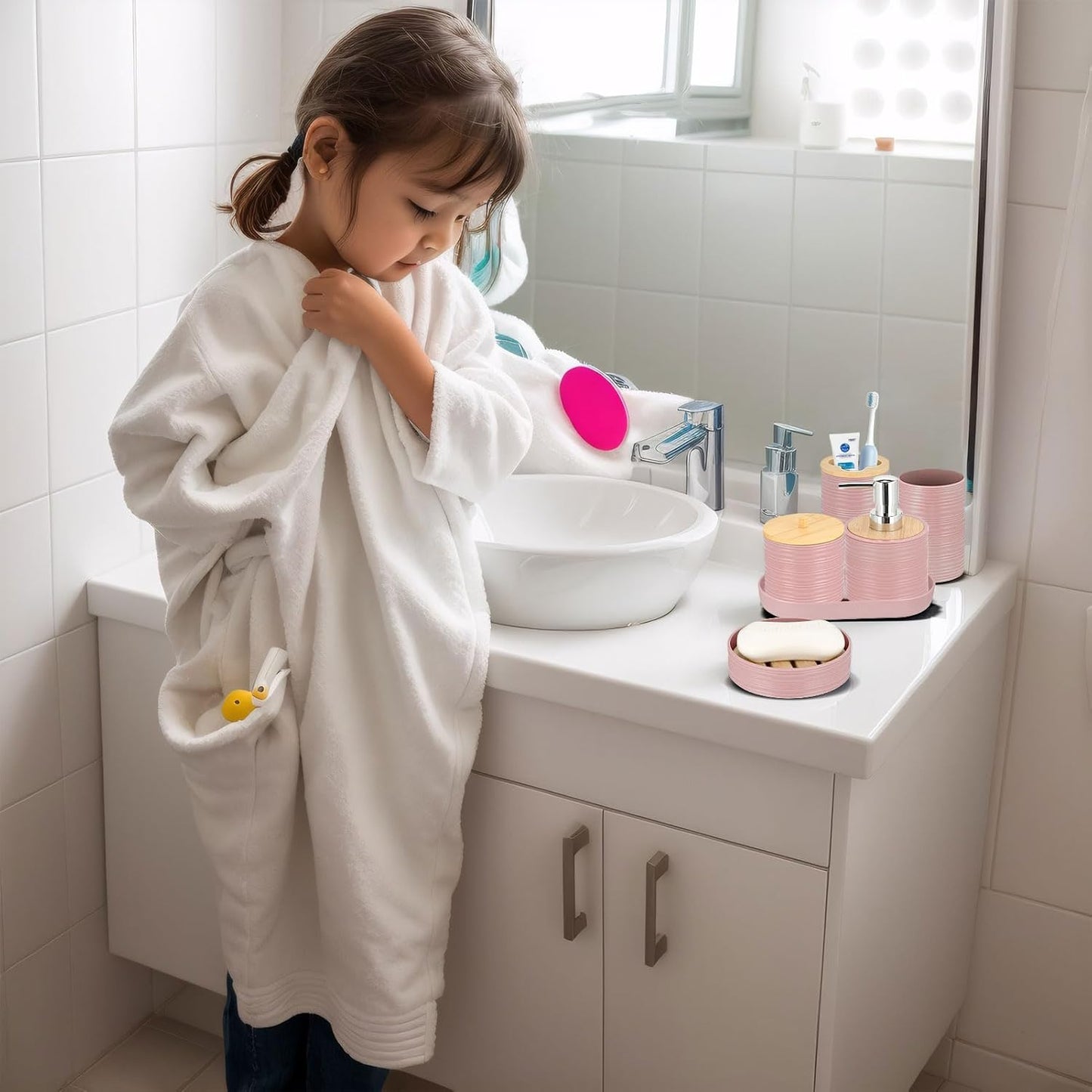 IMAVO Bathroom Accessory Set-11Pcs Pink Bathroom Accessories Set with Trash Can,Soap Dispenser,Soap Dish,Toothbrush Holder,Toothbrush Cup,Toilet Brush Holder,Qtip Holder Dispenser with Labels