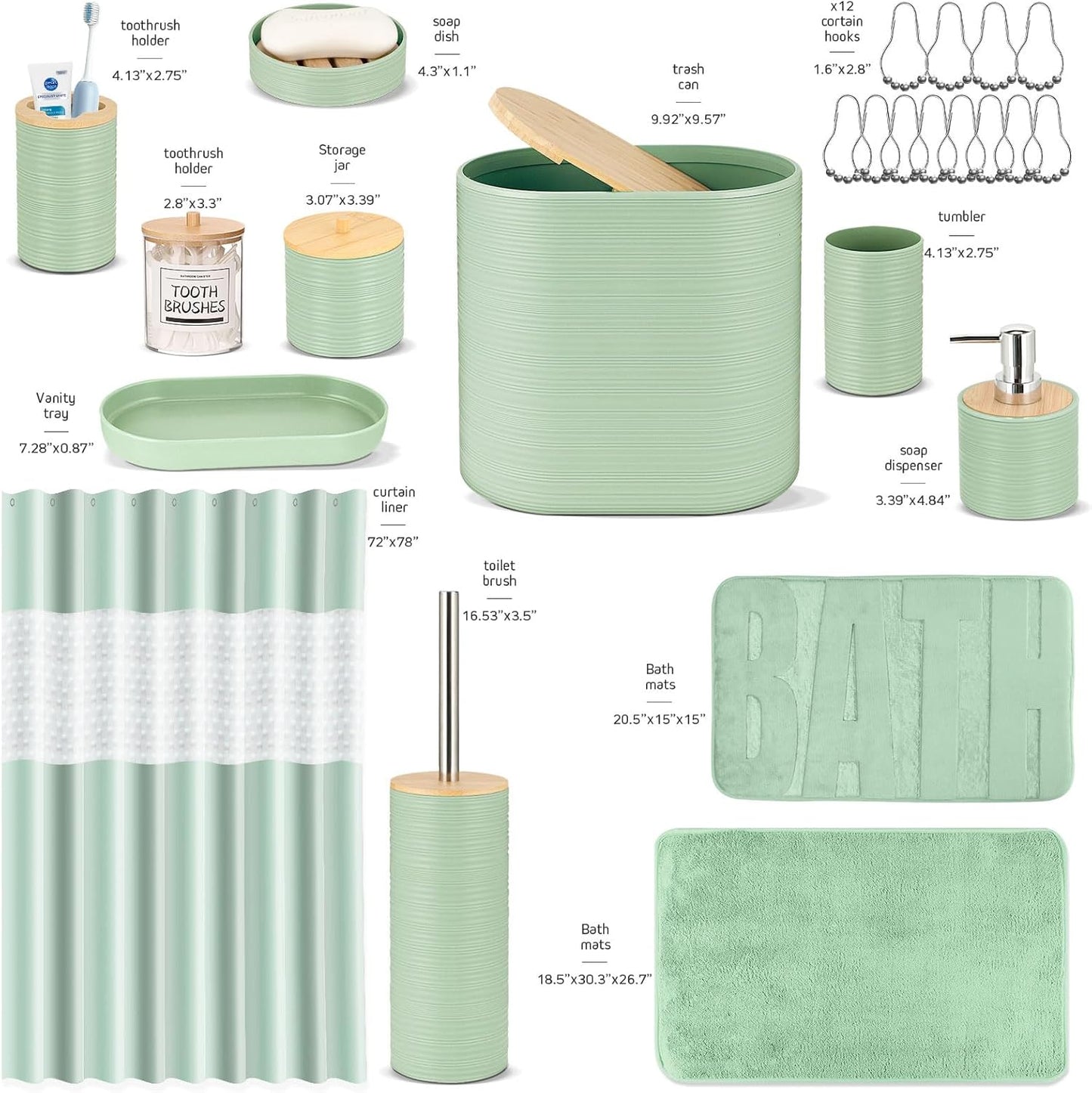 IMAVO Green Bathroom Set,26Pcs Bathroom Accessories Set with PVC Shower Curtain,Rugs,Trash Can,Tray,Soap Dispenser,Soap Dish,Toothbrush Holder,Toothbrush Cup,Toilet Brush Holder and Qtip Holders