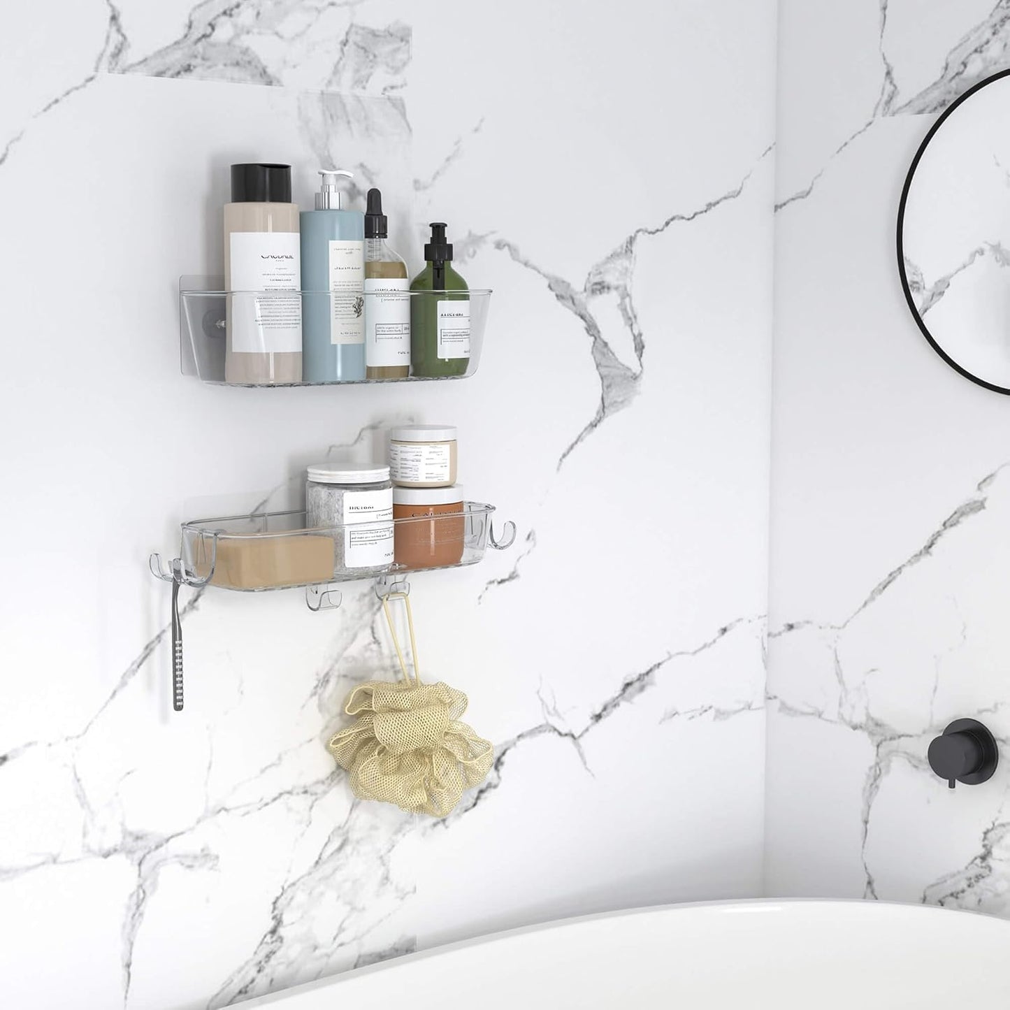 TZAMLI Clear Shower Caddy, Adhesive Shower Organizer Rustproof Shelf with Razor Holder and Hook, Wall Mounted Shelves Rack for Bathroom Kitchen Storage, 2 Pack