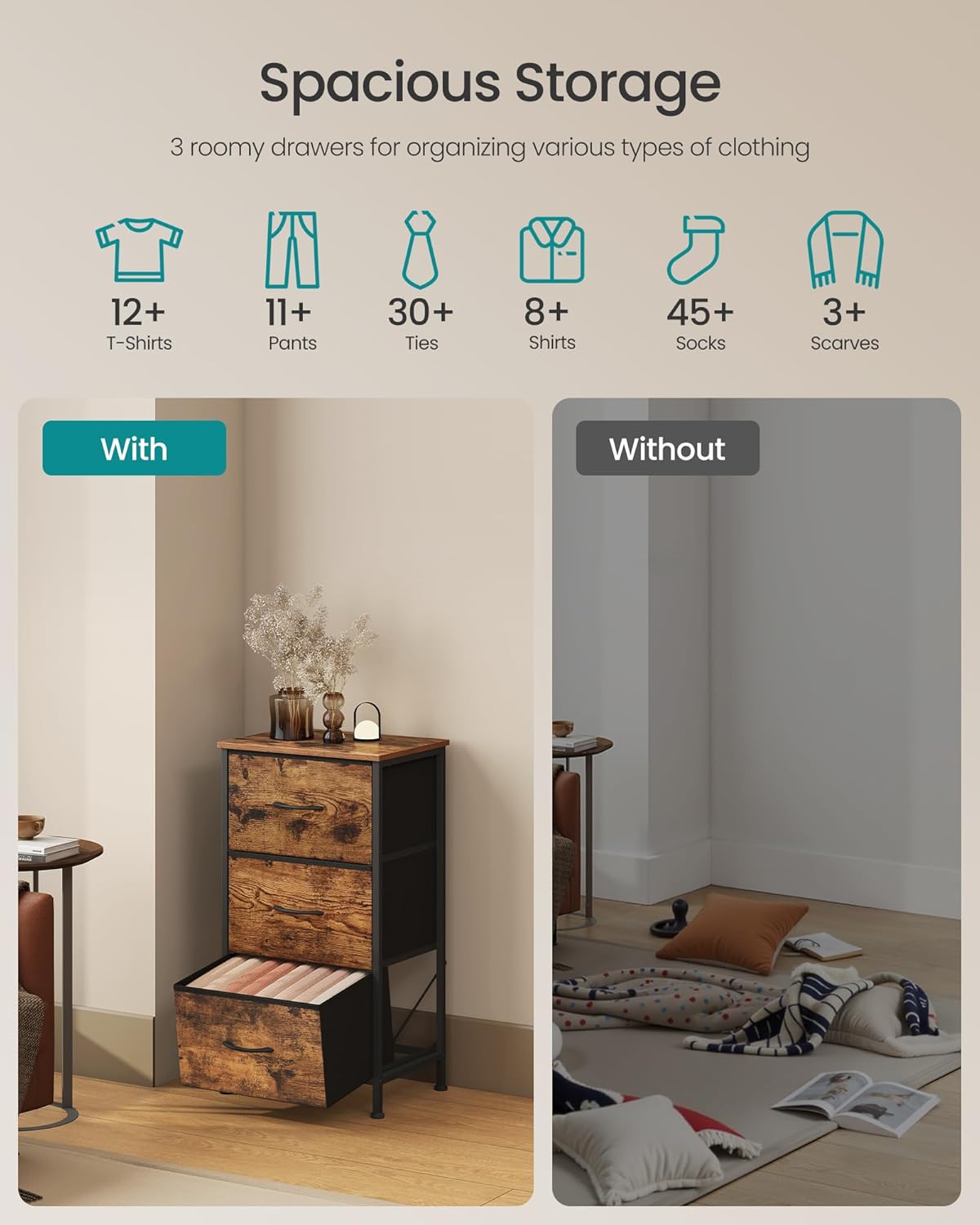 SONGMICS Dresser for Bedroom, Chest of Drawers, Steel, MDF, 3 Non-Woven Fabric Drawers, Storage Organizer Unit, Closet, Entryway, Rustic Brown and Ink Black ULGS313B02S