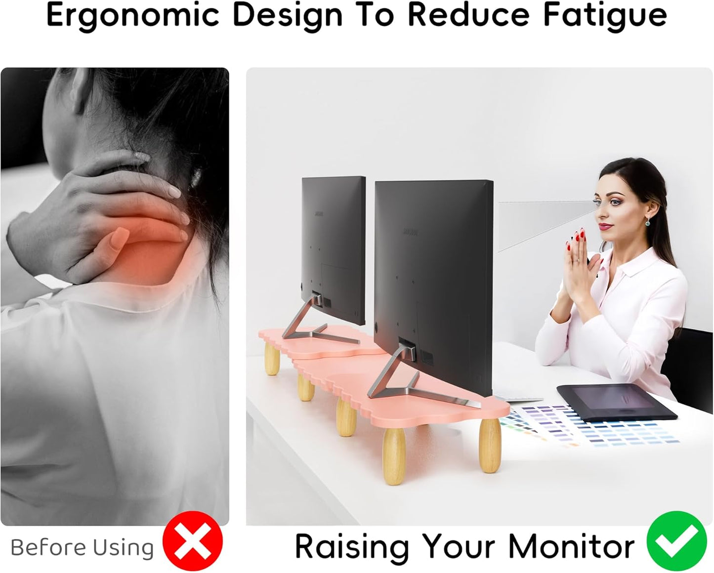 Dual Monitor Riser - Cookie-Shaped Adjustable Length & Swivel Angle, Wooden Desktop Organizer for 2 Monitors, Stand With Drawer for Laptop, PC, Computer, Printer, Pink