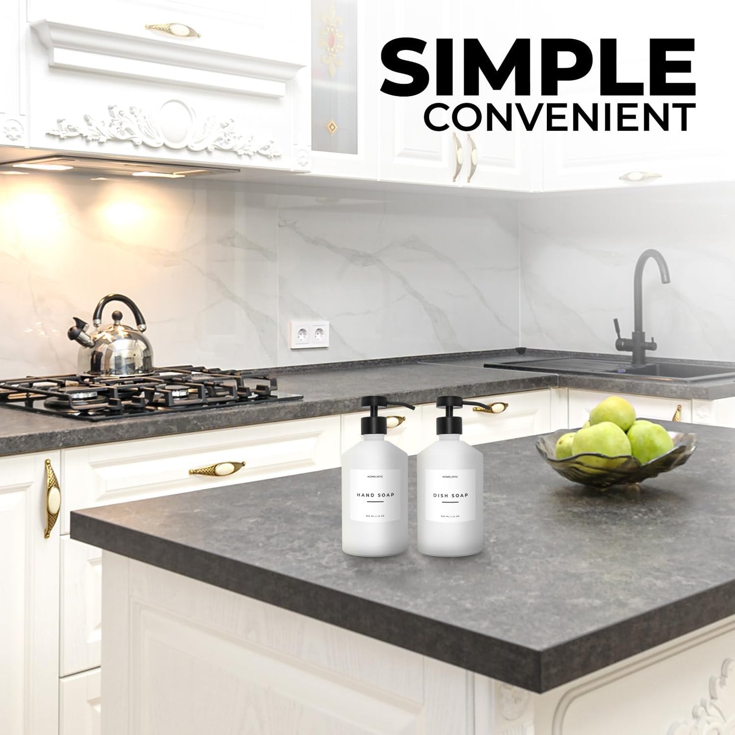 Luxury Glass Soap Dispenser Set of 2 - Elegant Aesthetic White Glass Bottles with Modern Matte Black Stainless Steel Pumps, Ideal for Kitchen, Bathroom, Hand Soap, Dish Soap, and More.