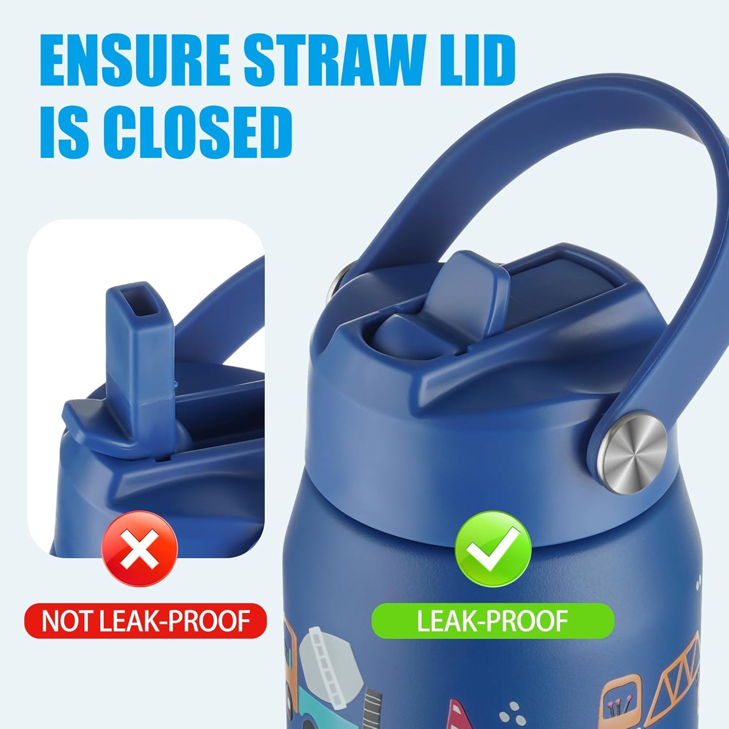 OLDLEY kids Water Bottle - 18oz Insulated Stainless Steel - Wide Straw Lid, Non Spill, Leakproof, Kids Water Bottle for School,Blue Engineering car