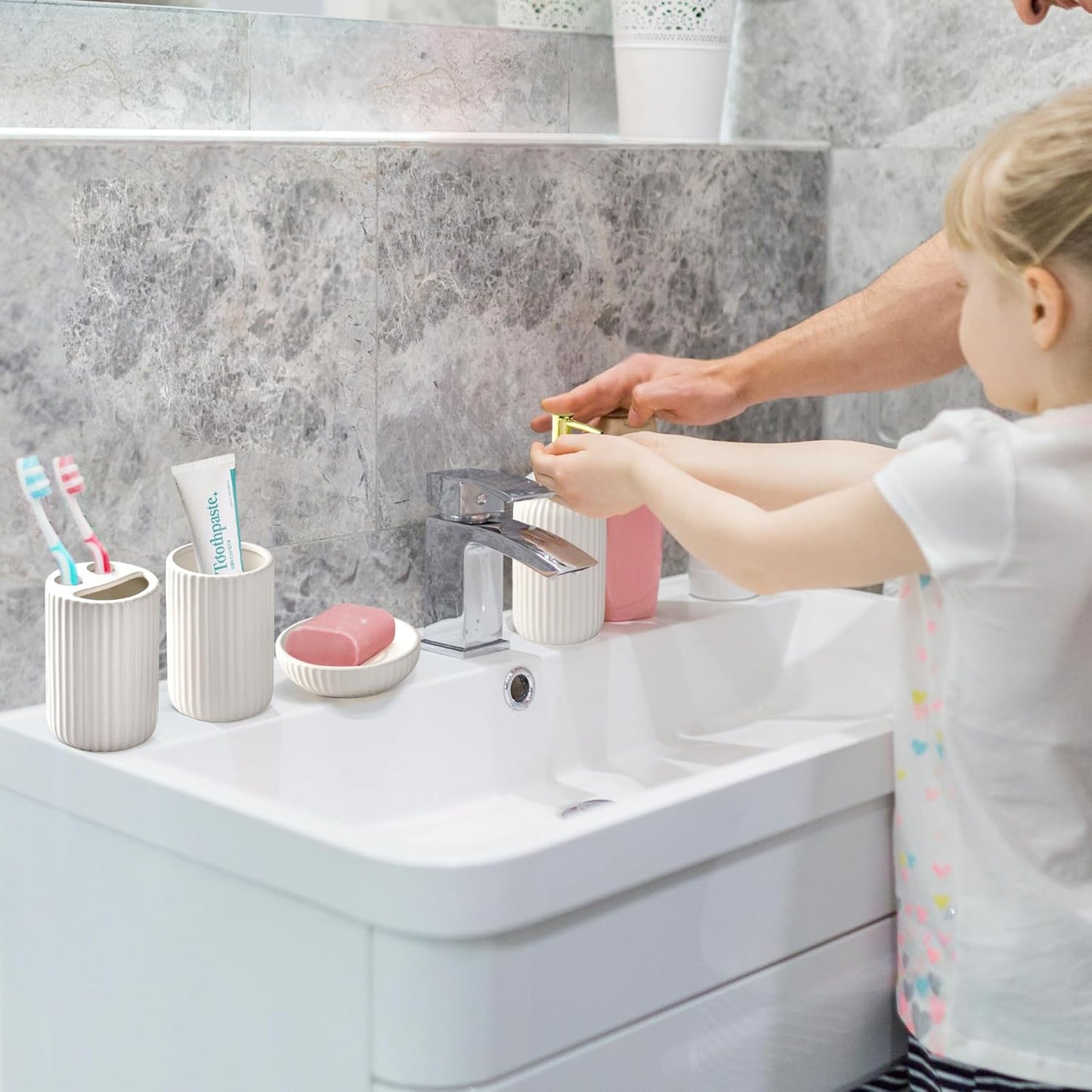 White Bathroom Accessories Set, 4PC Ceramic Bathroom Sets Complete-Toothbrush Holders, Soap Dispenser, Soap Dish, Toothbrush Cup, Modern White Gold Bathroom Decor, Bathroom Organizer for Countertop