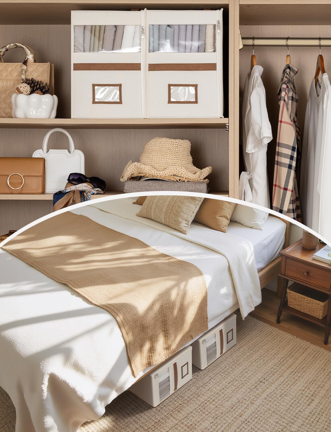 StorageWorks 2-Pack Bed Sheet Organizers and Storage, Foldable Bedsheet Holder for Linen Closet, Bedding Container with Handle, Beige, 15" D x 12¾"W x 10" H