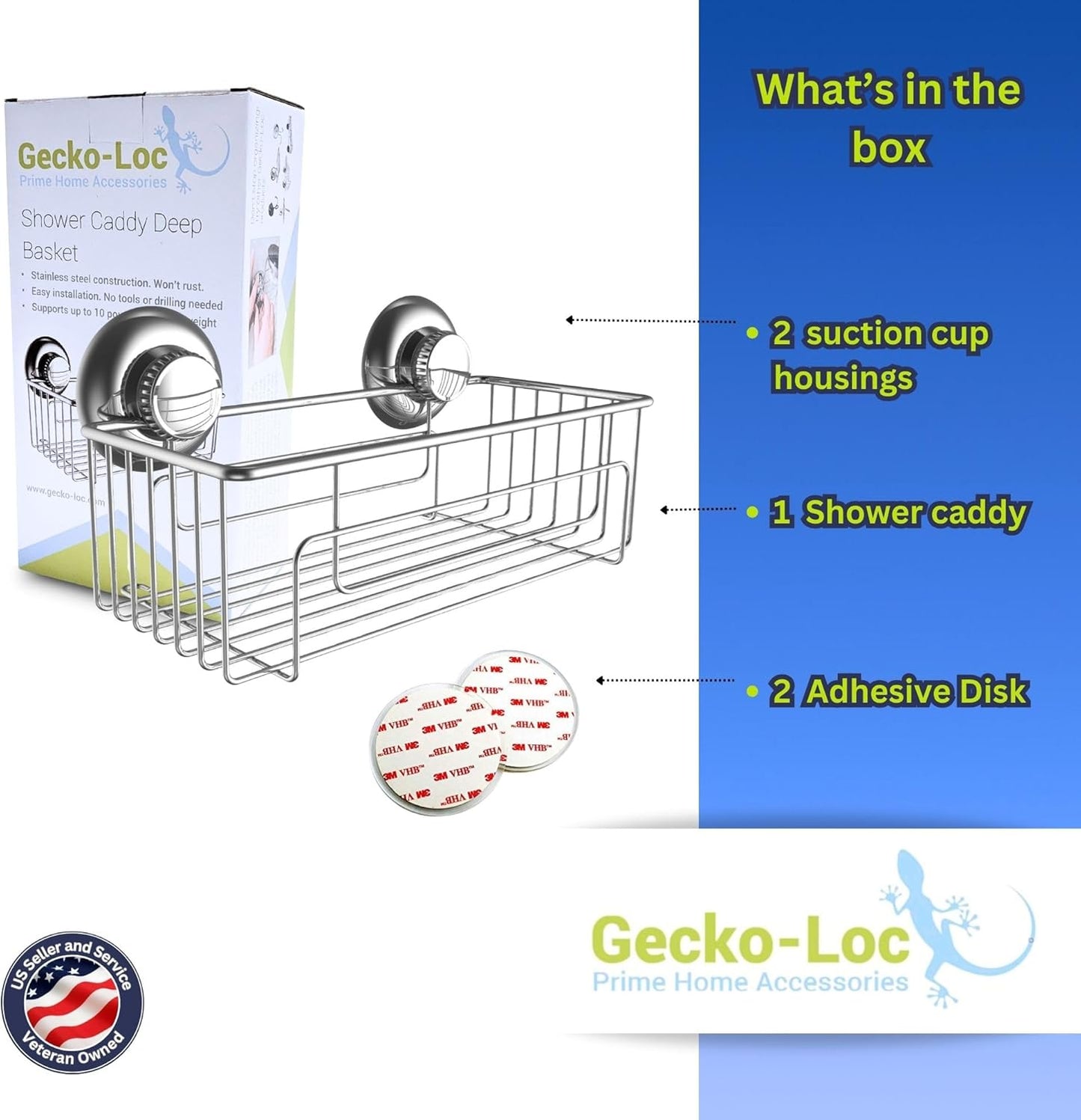 Gecko-Loc Large Deep suction cup wall mount bathroom shower caddy - shampoo storage basket shelf organizer caddie bath shelves - Silver