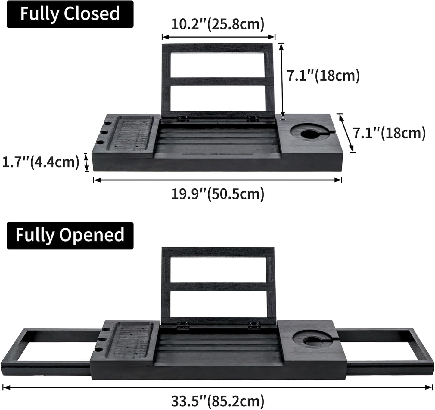 Utoplike Bamboo Bathtub Tray Black, Adjustable Bath Caddy Table for Tub, Bathroom Organizer with Book Tablet Wine Glass Cup Towel Holder