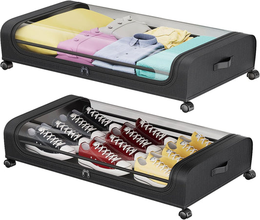 Under Bed Storage Containers, Under Bed Shoe Storage With Wheels, Bedroom Storage Organization with Handles, Under Bed Storage Bins Drawer For Clothes, Blankets And Shoes, Bedding