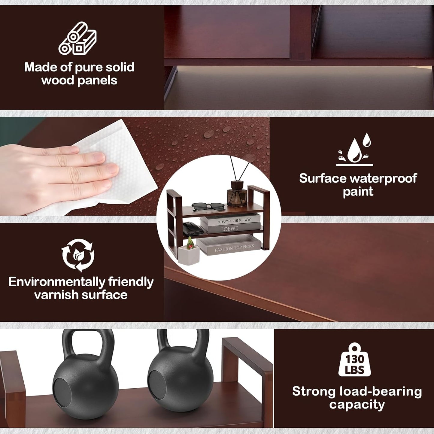 Upgraded Desktop & Off-Surface Shelves, No Tools Assembly Interlocking Joints for Enhanced Stability, Solid Pine Wood, 130lb Load Capacity for Office, Books, Bathroom Storage Walnut Colour