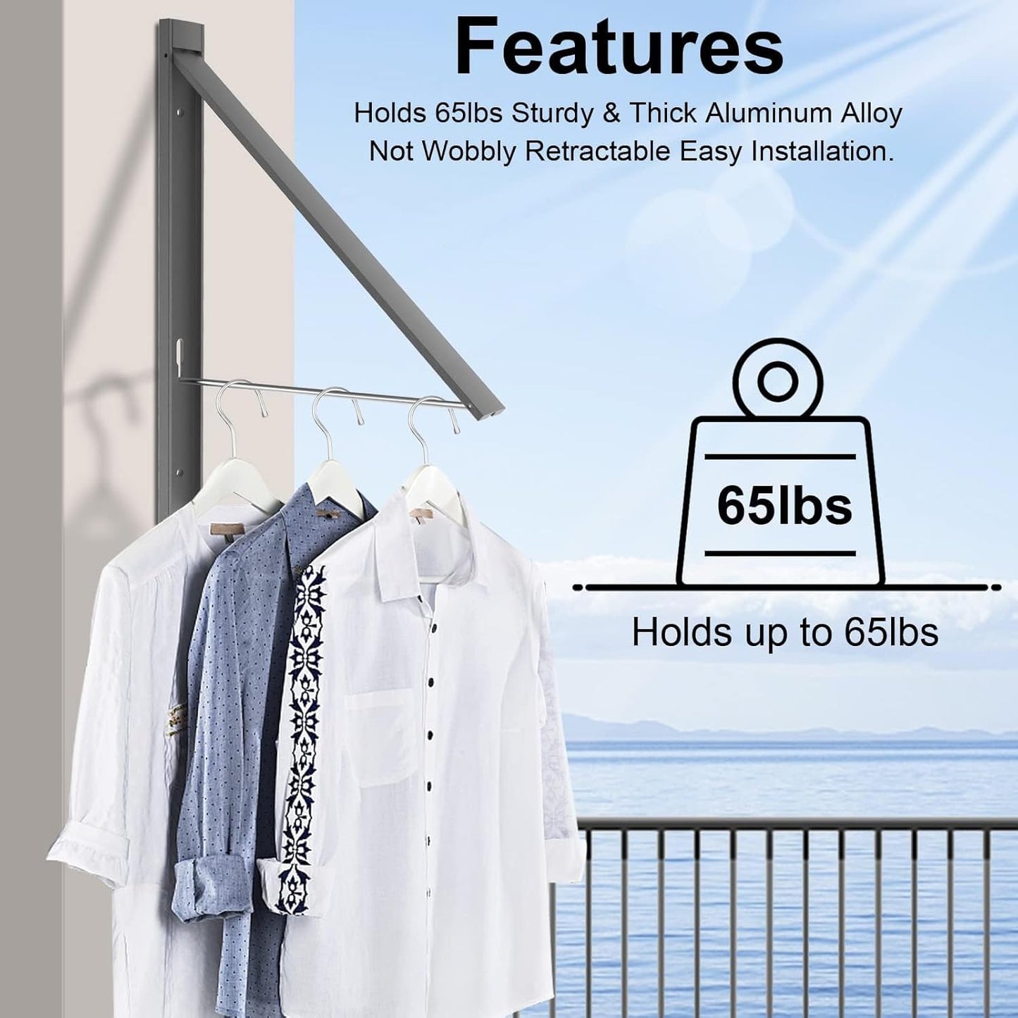 Wall Mounted Drying Rack - No Drill Installation, Space Saving Foldable Clothes Rack for Laundry Room, Dorm, Apartment,RV, Closet. Heavy Duty & Rustproof Aluminum Alloy (Gray)