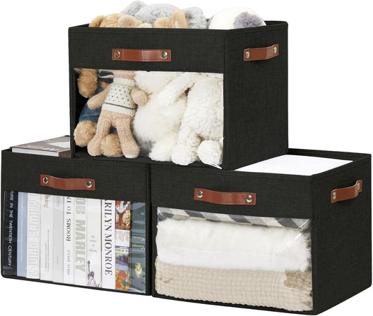 Extra Large Storage Baskets with Clear Window, See Through Closet Organizer with PU Handles, Linen Foldable Storage Bins for Organizing Clothes, Toys, Books (Black)