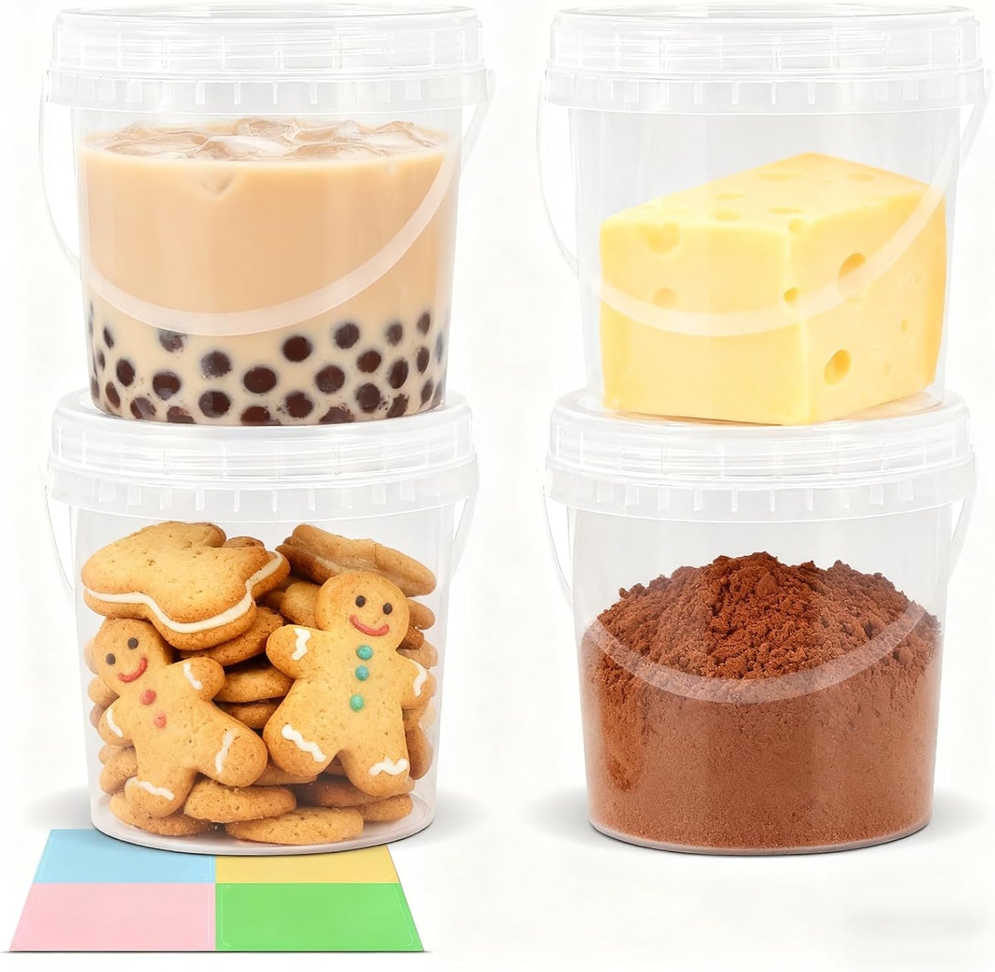 4Pack 34oz Clear Bucket with Lids - Plastic Food Storage Containers, Airtight Screw-On Lids - Freezer Safe Ice Cream Bucekts, Food Grade Reusable Containers for Kitchen