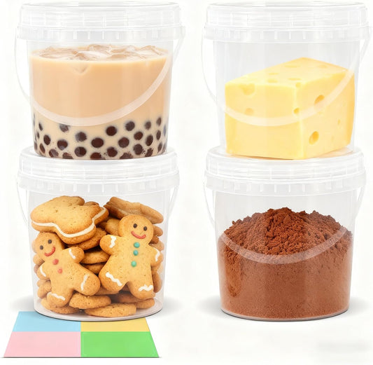 4Pack 34oz Clear Bucket with Lids - Plastic Food Storage Containers, Airtight Screw-On Lids - Freezer Safe Ice Cream Bucekts, Food Grade Reusable Containers for Kitchen