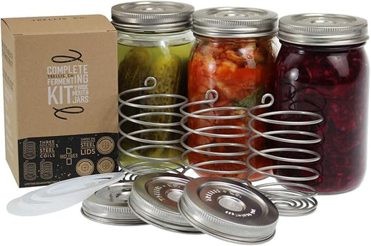 Stainless Steel Fermentation Jar Kit | 3 Waterless Fermenter Airlock Lids & 3 Pickle Helix Fermentation Weights, for Wide Mouth Mason Jars | Recipe eBook Included with Fermenting Kit