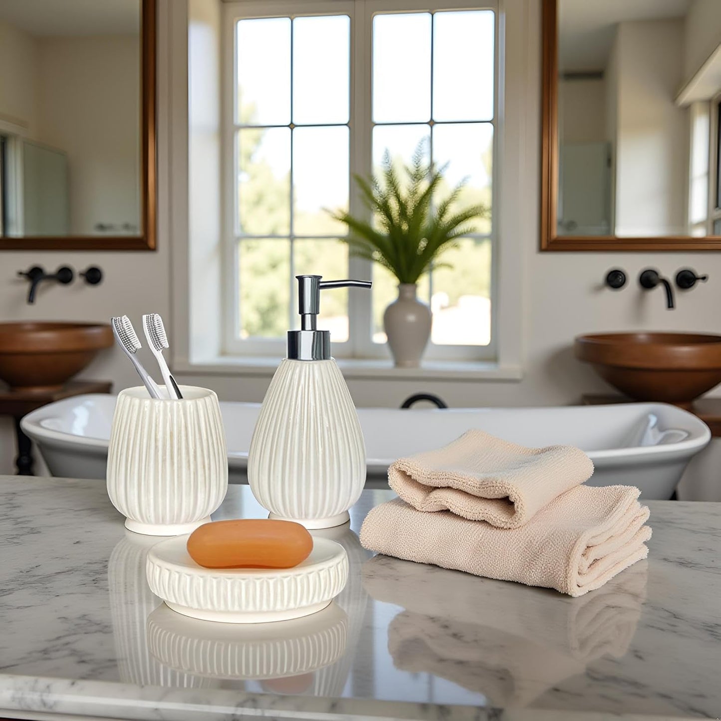 Ceramic Bathroom Accessory Set, White Bathroom Set, Caahanjia Bathroom Accessories Set 4 Pieces, Toilet Brush, Lotion Dispenser, Soap Dish, Toothbrush Cup, Modern Bathroom Décor (13 Ounce)