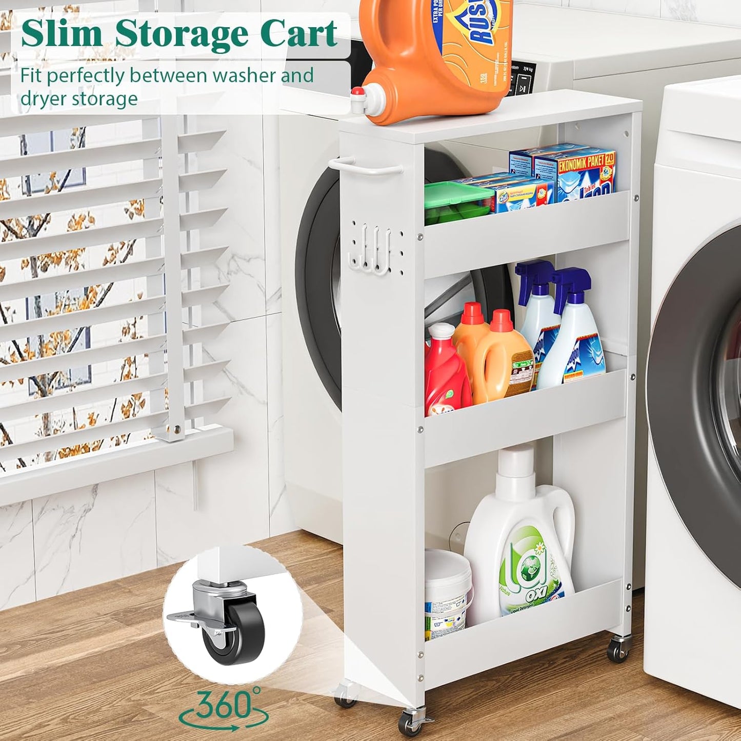 Slim Storage Cart, 4 Tier Rolling Kitchen Cart on Wheels for Small Space, Narrow Laundry Bathroom Organizers Mobile Shelving Unit Metal Utility Cart with Handle, 5.9in Width, White