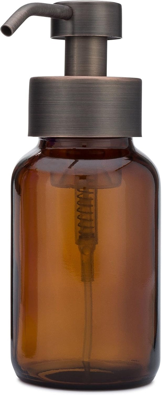 Rail19 Amber Glass Apothecary Foaming Soap Dispenser with Metal Pump - for Kitchen and Bathroom Countertop, 8.5oz (Bronze)