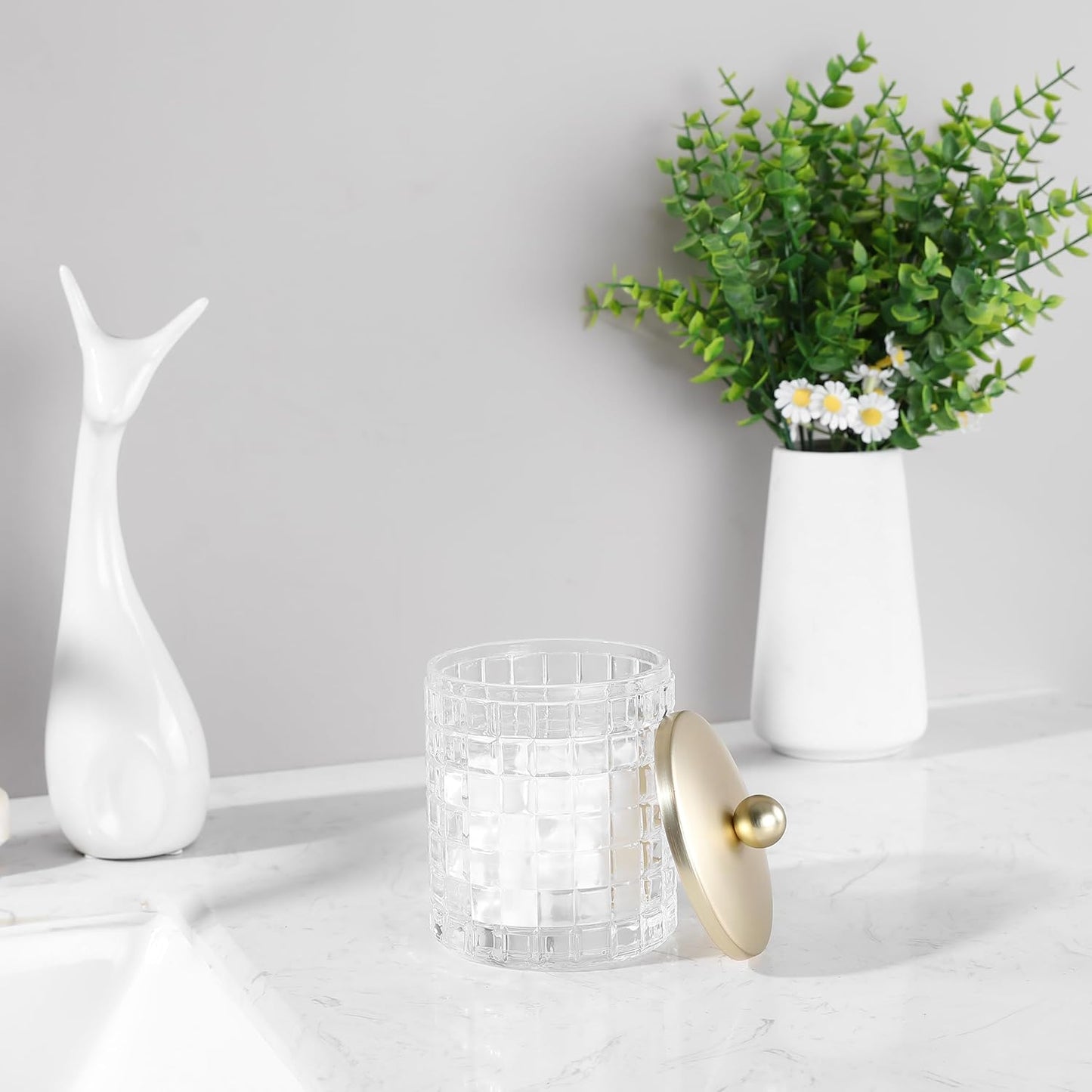 Clear Tranparent Apothecary Etched Geometric Grid Glass Jar W/Gold Metal Lid Cover for Bathroom Organization, Cotton Balls, Q Tips, and Small Accessories, Bathroom Storage