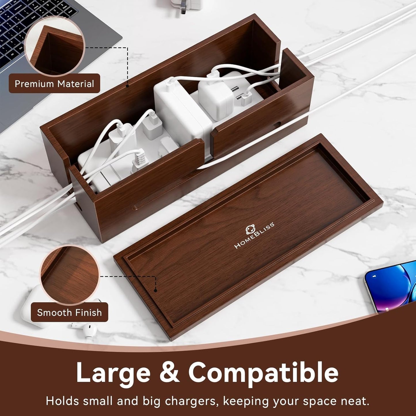 Large Cable Management Box-Stylish Wire Organizer, Wire Concealer and Wire Management Box-Wire Management Box with Protective Sleeve (Brown)