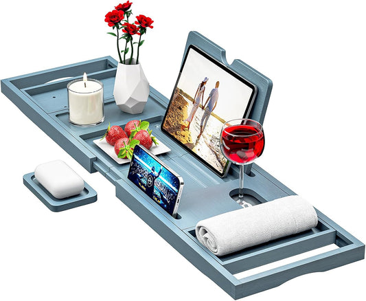 Premium Bamboo Bathtub Caddy - Expandable Size, Fits Most Bath Tubs - Grey