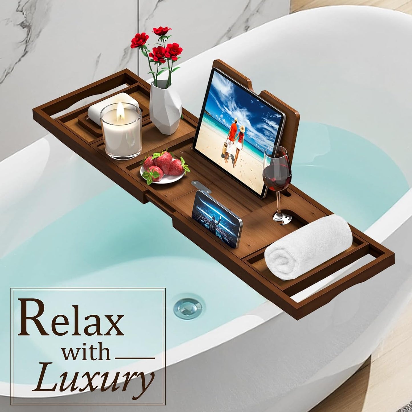 Premium Bathtub Tray Caddy - Bath Table Tray for Bathtub - Bath Tub Tray Table for Bathtub, Expandable Size, Fits Most Bath Tubs