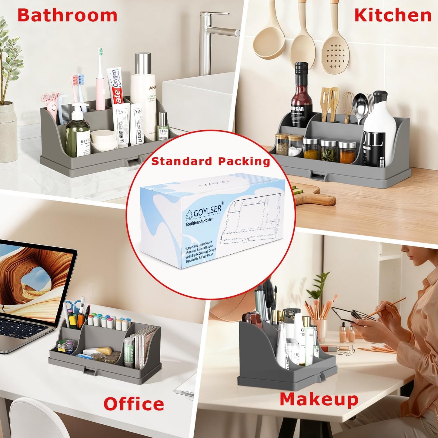 Large Silicone Bathroom Toothbrush Holder with Drainage, Electric Family Size Toothbrush Holder 7 Slots Countertop Toothpaste Holder Stand Organizer for Kids and Adult, Grey