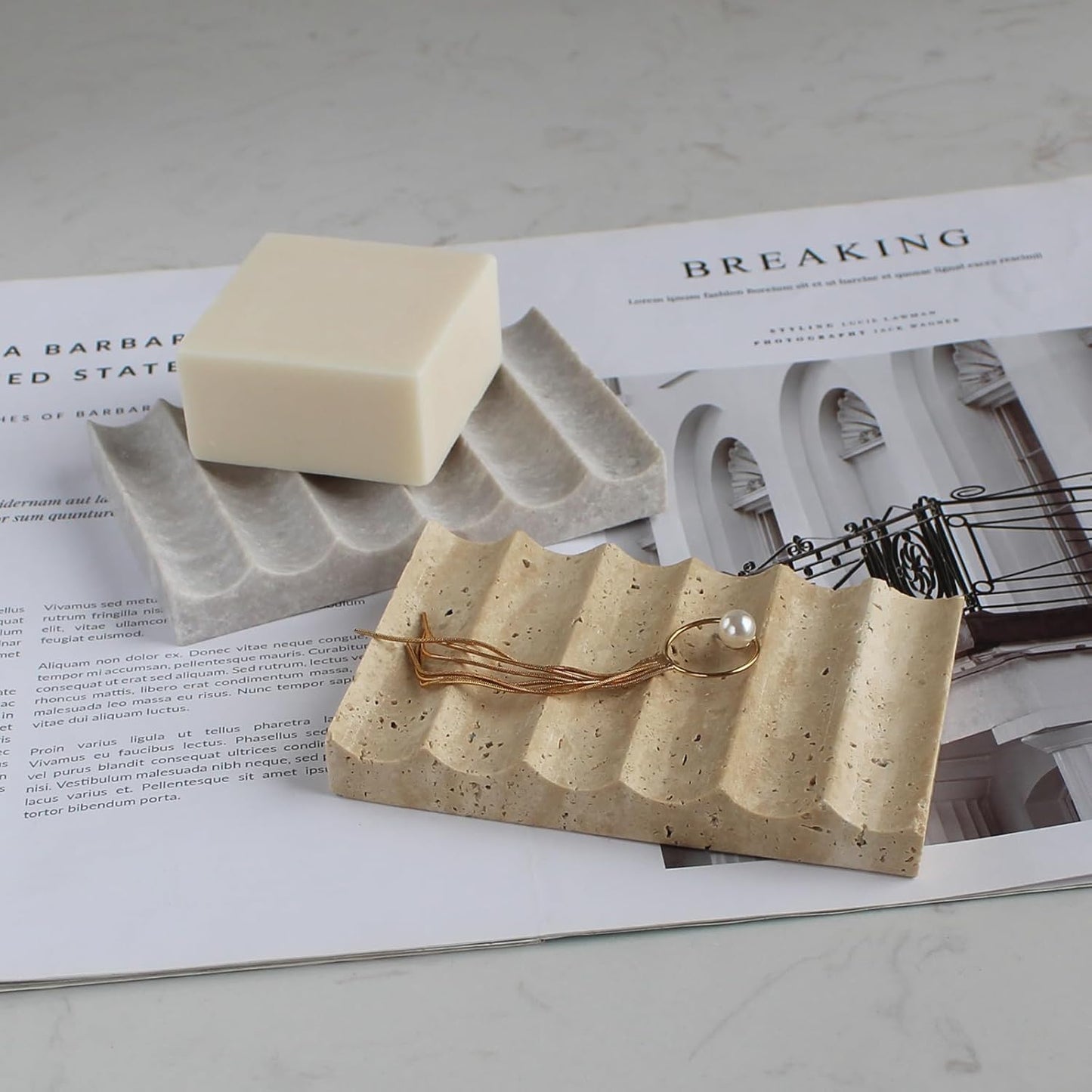 Luxury Travertine Soap Dish, Rectangle Soap Holder, Jewelry Ring Dish, Sponge Holder for Bathroom Kitchen -Grey