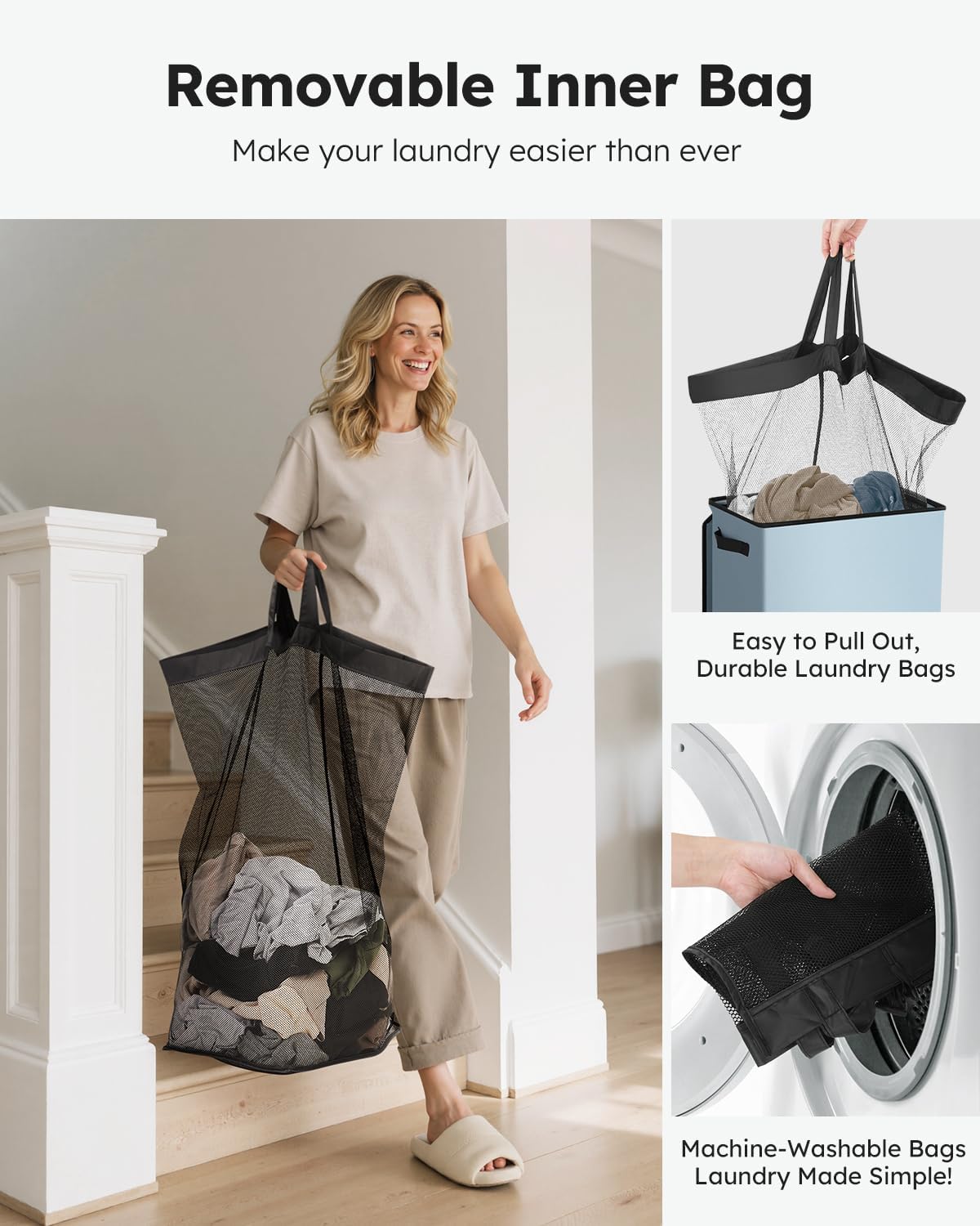 SOLEDI Laundry Hamper with Lid 100L Large & Tall Collapsible Laundry Basket, Clothes Hamper with Bag Removable Easy to Carry, Dirty Hampers for Bedroom, Bathroom, Dorm, College, Blue Grey