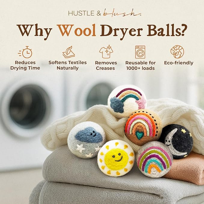 Hustle & Blush Fluff Ewes Wool Dryer Balls 6 Pack - XL Rainbow or Shine Premium New Zealand Laundry Set, Reduces Drying Time, Static Control, Chemical Free, Ideal Holiday Gifts for Women & Men